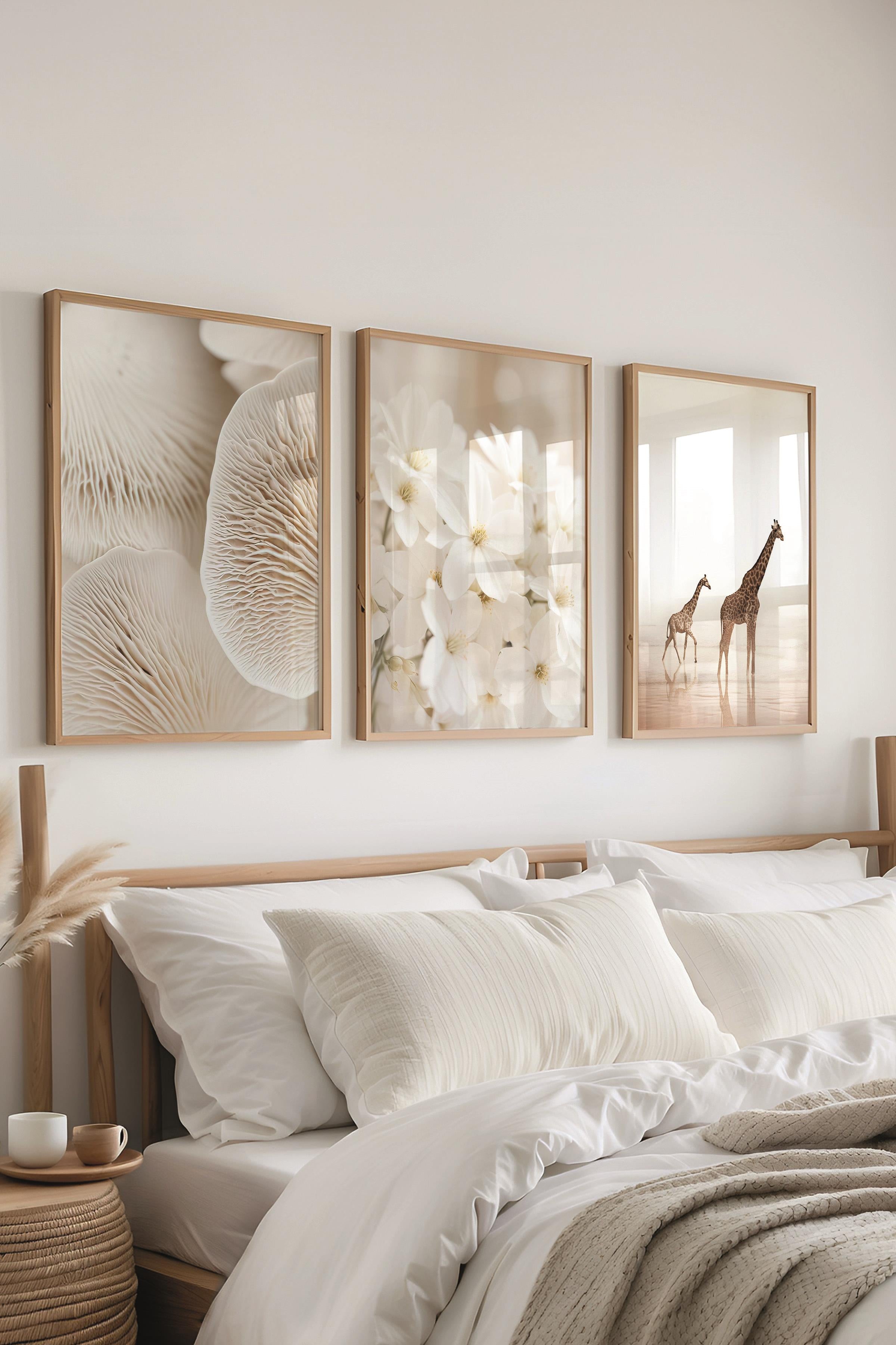 Ahşap Çerçeveli Tablo Seti, Soft Bej Fotoğraf Duvar Tablosu, 3 Adet Poster Seti, No:300703