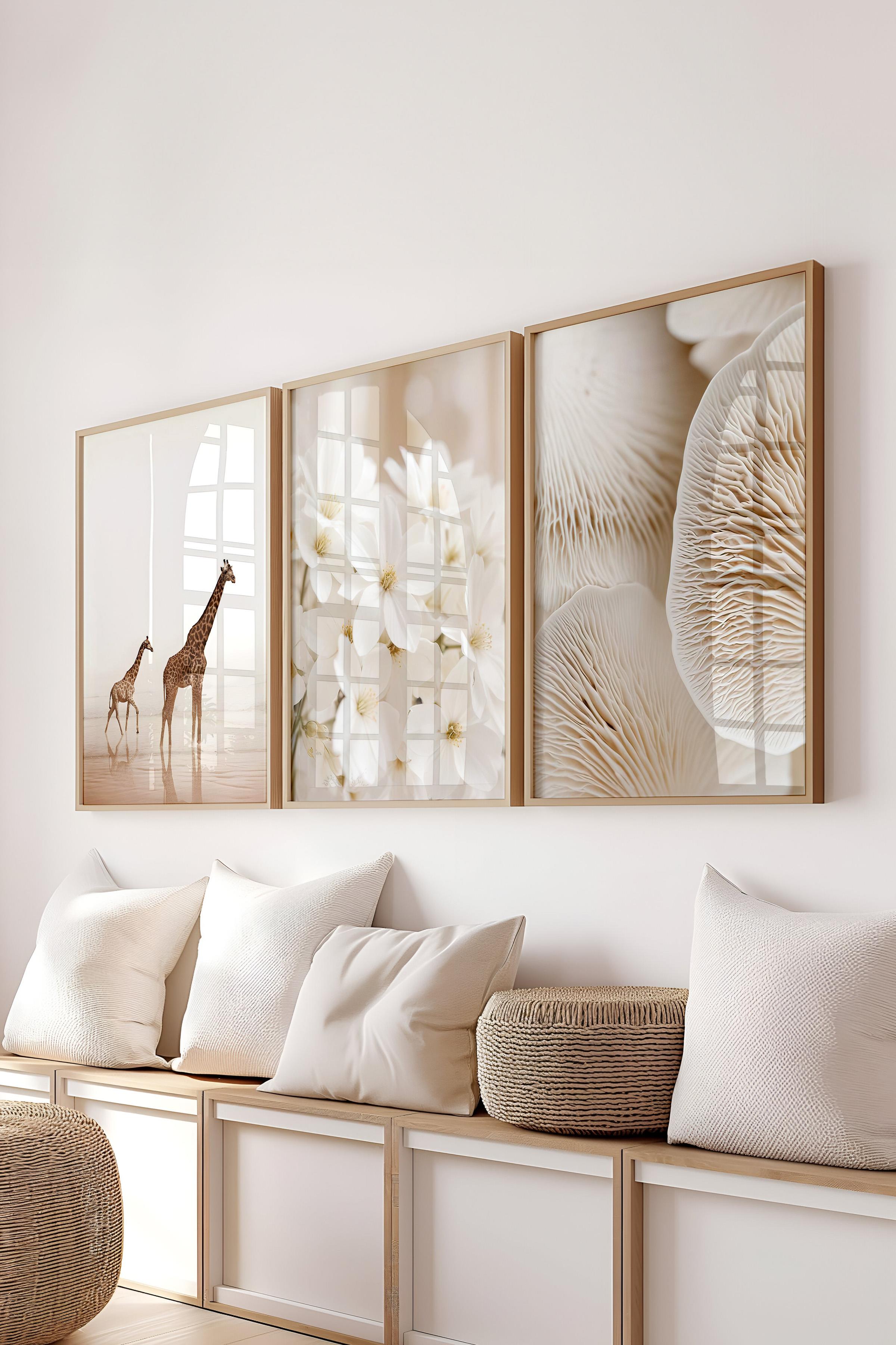 Ahşap Çerçeveli Tablo Seti, Soft Bej Fotoğraf Duvar Tablosu, 3 Adet Poster Seti, No:300703