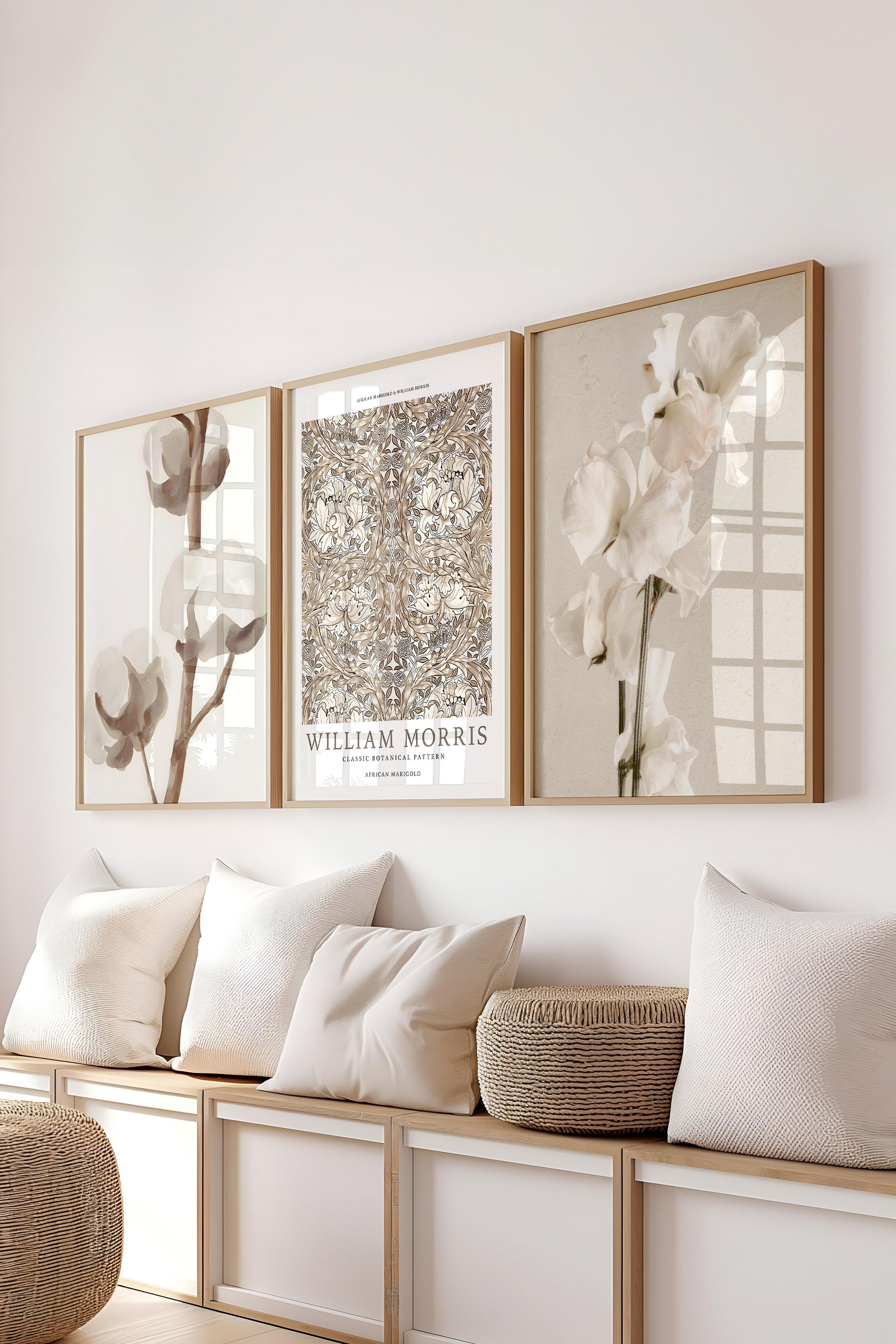 Ahşap Çerçeveli Tablo Seti, Soft Kahverengi William Morris Duvar Tablosu, 3 Adet Poster Seti, No:300787