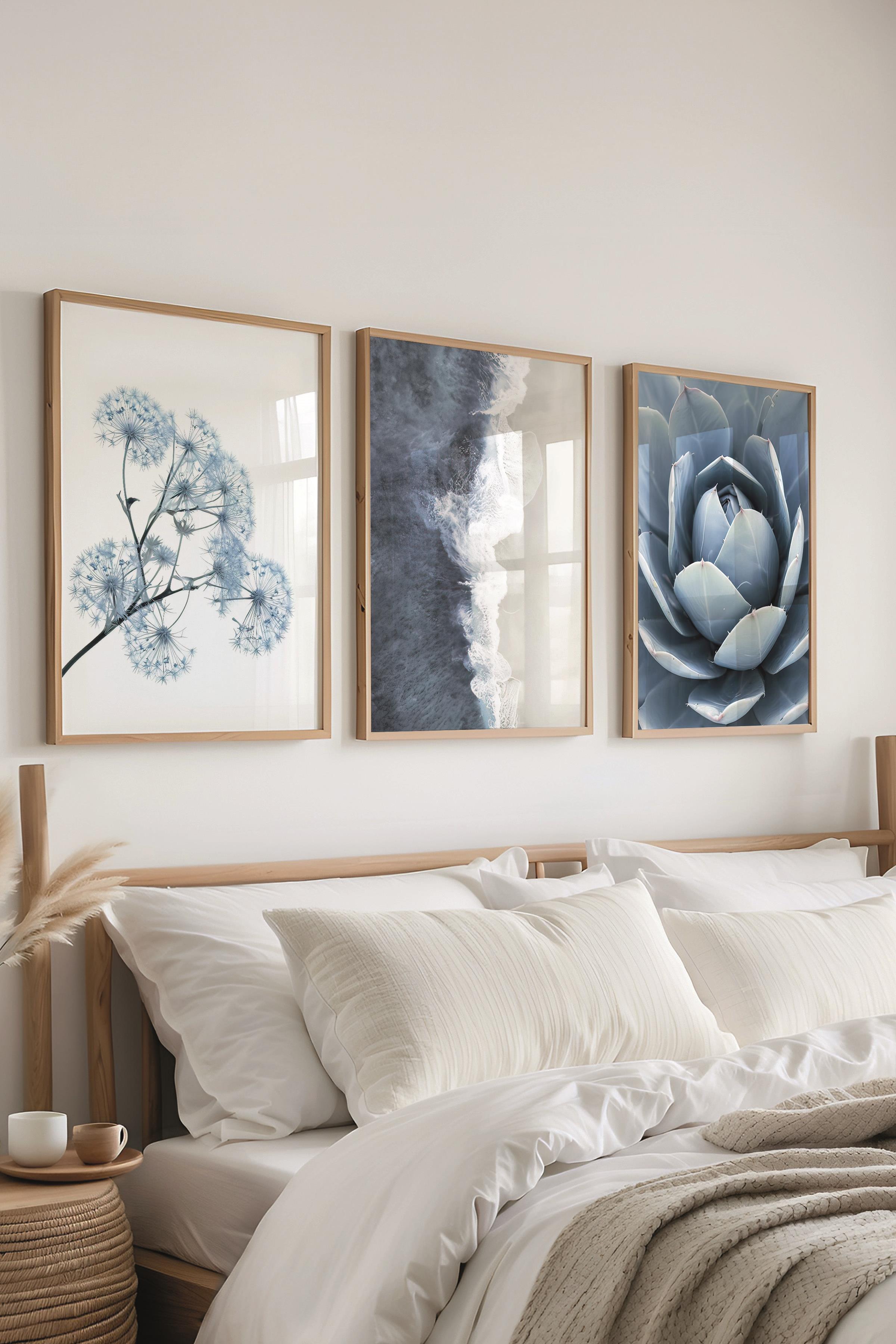 Ahşap Çerçeveli Tablo Seti, Soft Mavi Duvar Tablosu, 3 Adet Poster Seti, No:300713