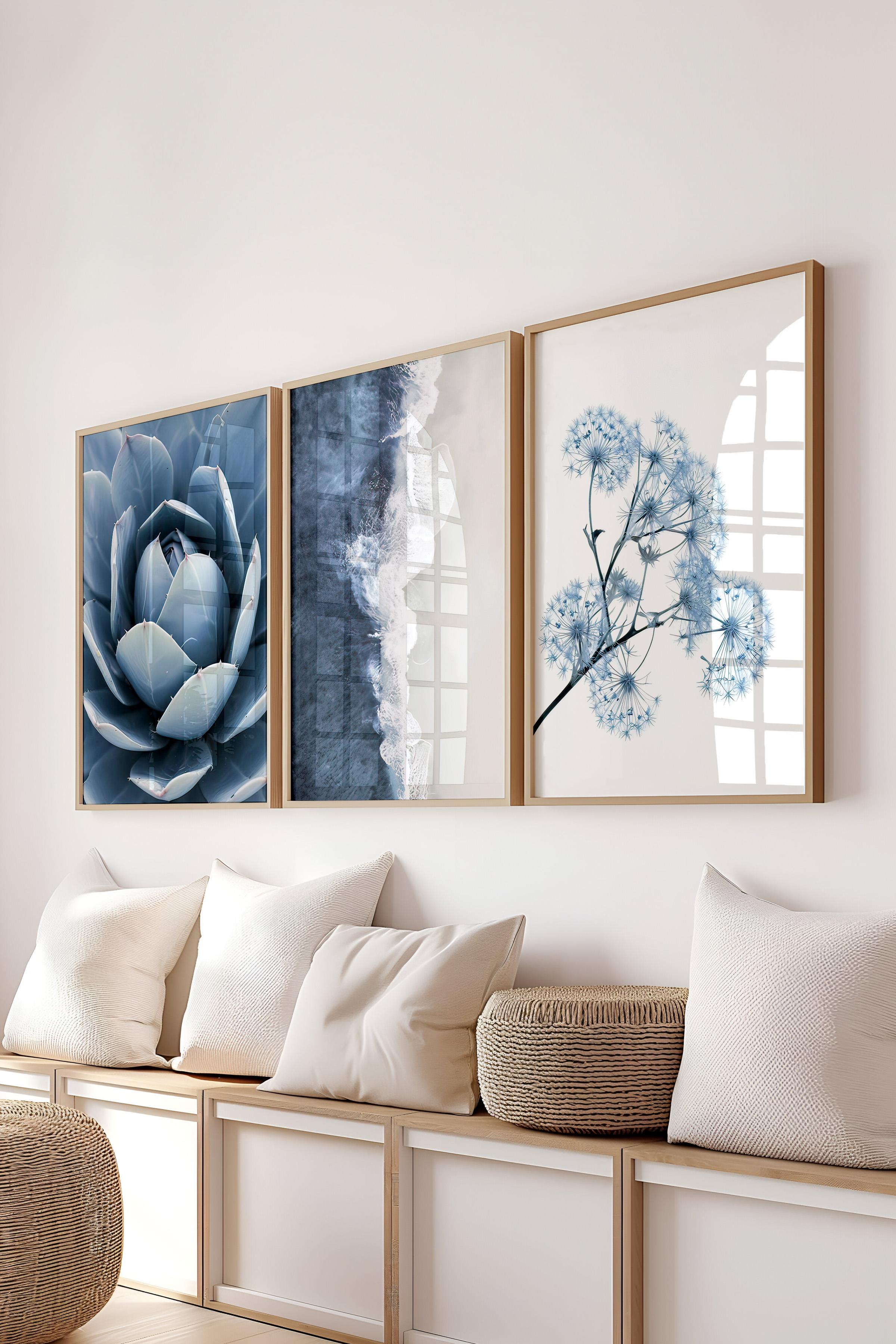 Ahşap Çerçeveli Tablo Seti, Soft Mavi Duvar Tablosu, 3 Adet Poster Seti, No:300713