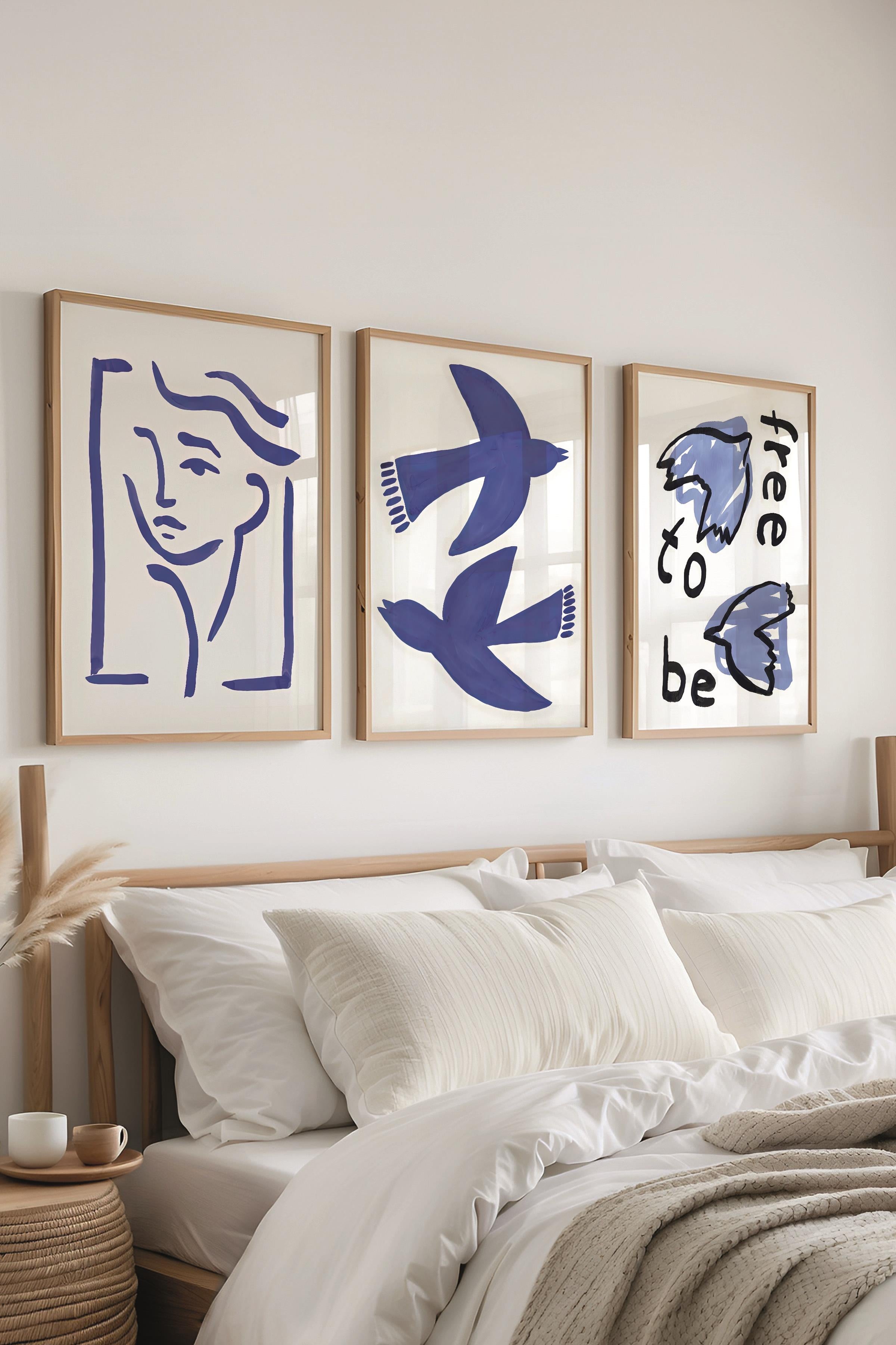 Ahşap Çerçeveli Tablo Seti, Soft Mavi Duvar Tablosu, 3 Adet Poster Seti, No:300772