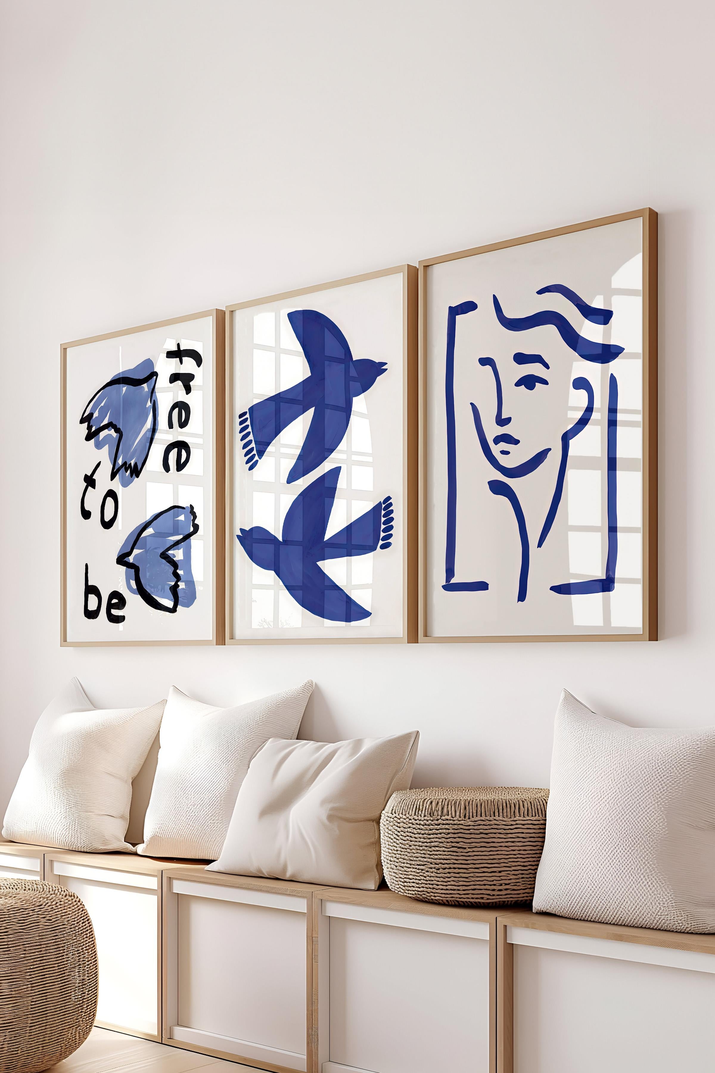 Ahşap Çerçeveli Tablo Seti, Soft Mavi Duvar Tablosu, 3 Adet Poster Seti, No:300772