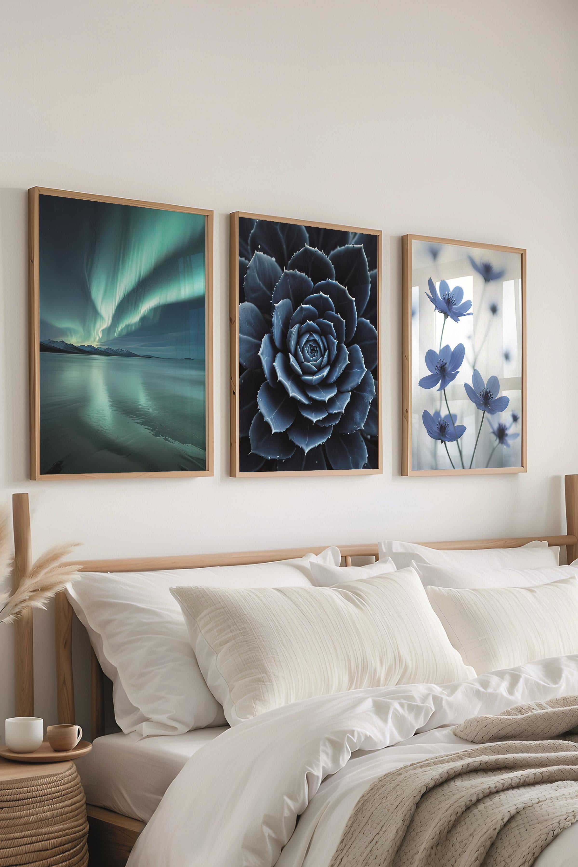 Ahşap Çerçeveli Tablo Seti, Soft Mavi Fotoğraf Duvar Tablosu, 3 Adet Poster Seti, No:300712