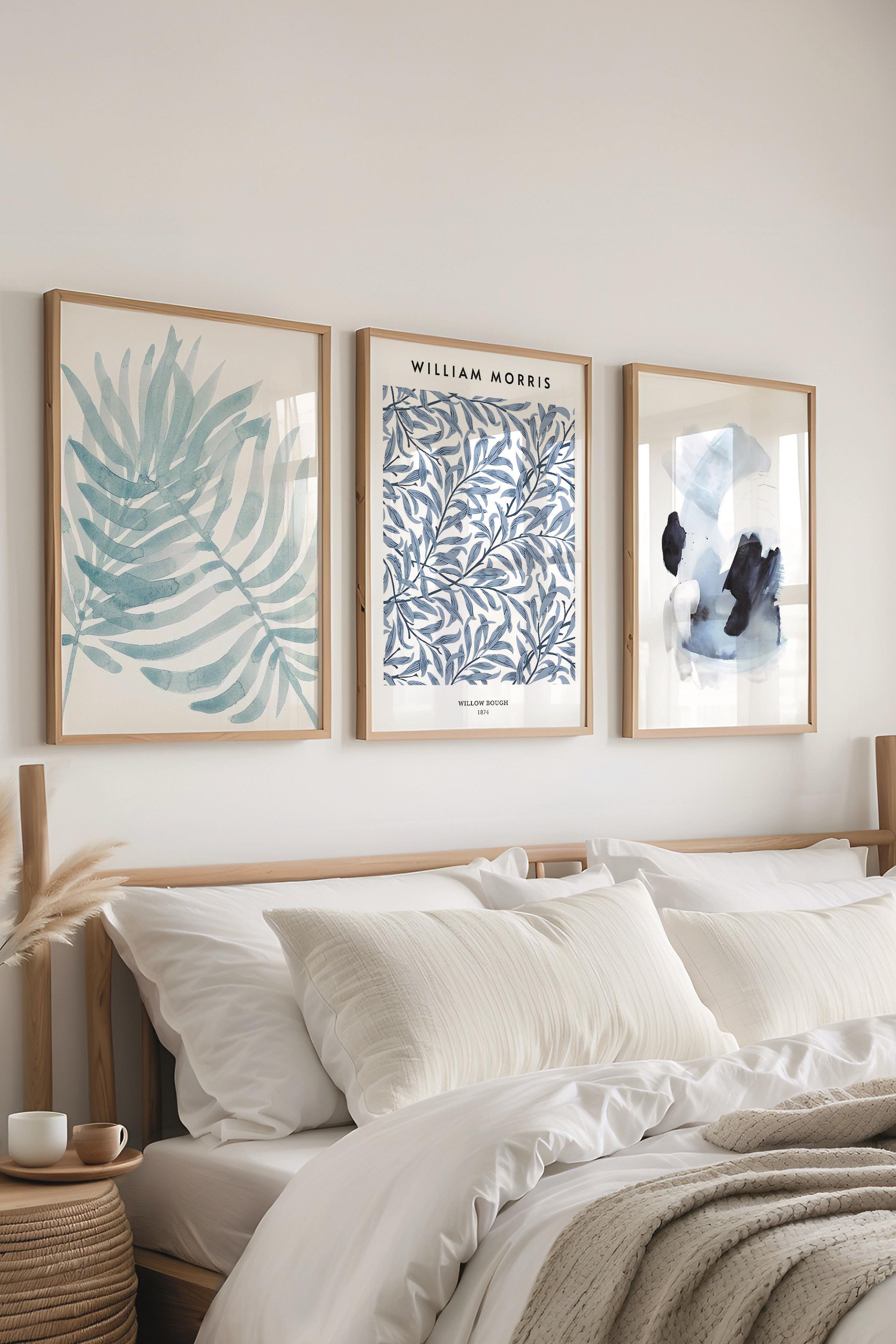 Ahşap Çerçeveli Tablo Seti, Soft Mavi William Morris Duvar Tablosu, 3 Adet Poster Seti, No:300786