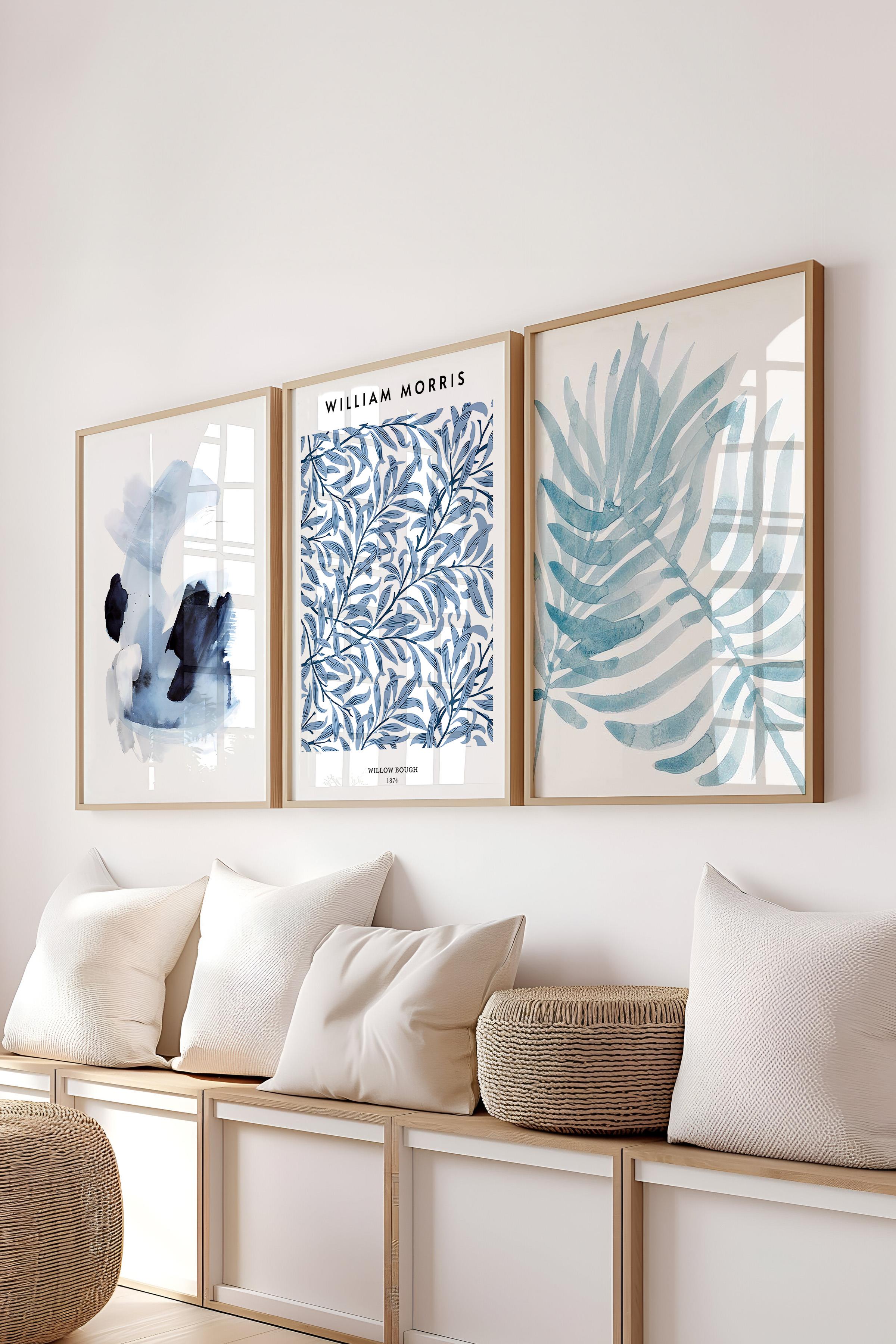 Ahşap Çerçeveli Tablo Seti, Soft Mavi William Morris Duvar Tablosu, 3 Adet Poster Seti, No:300786