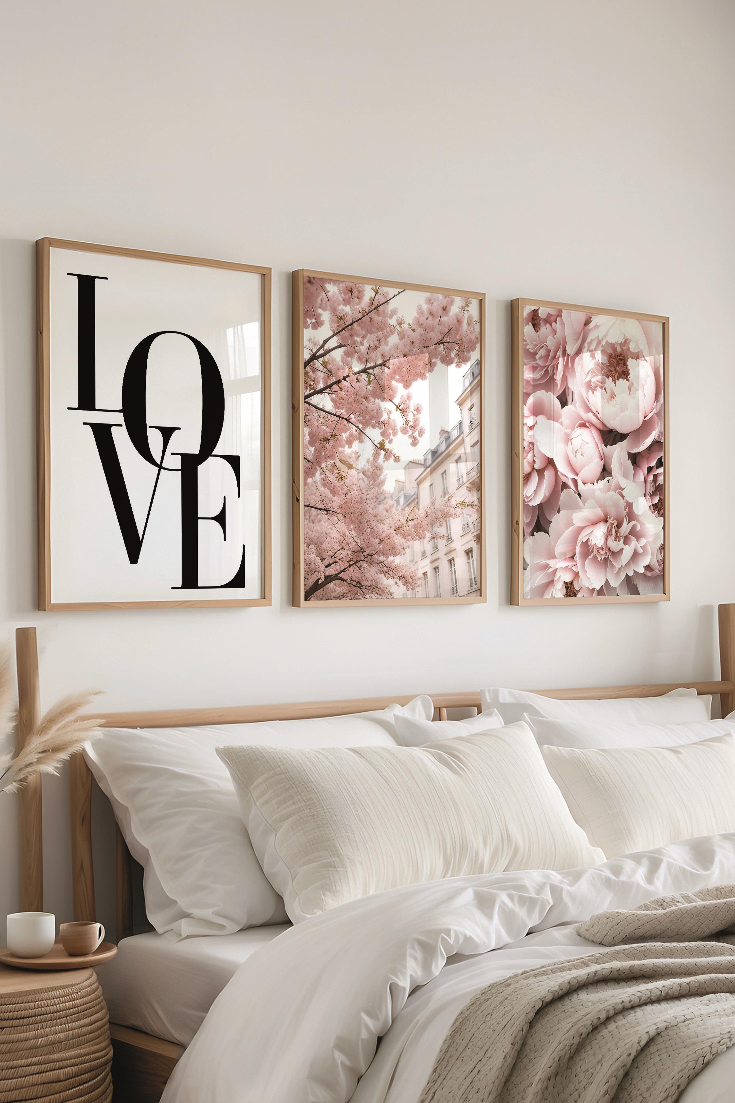 Ahşap Çerçeveli Tablo Seti, Soft Pembe Duvar Tablosu, 3 Adet Poster Seti, No:300709