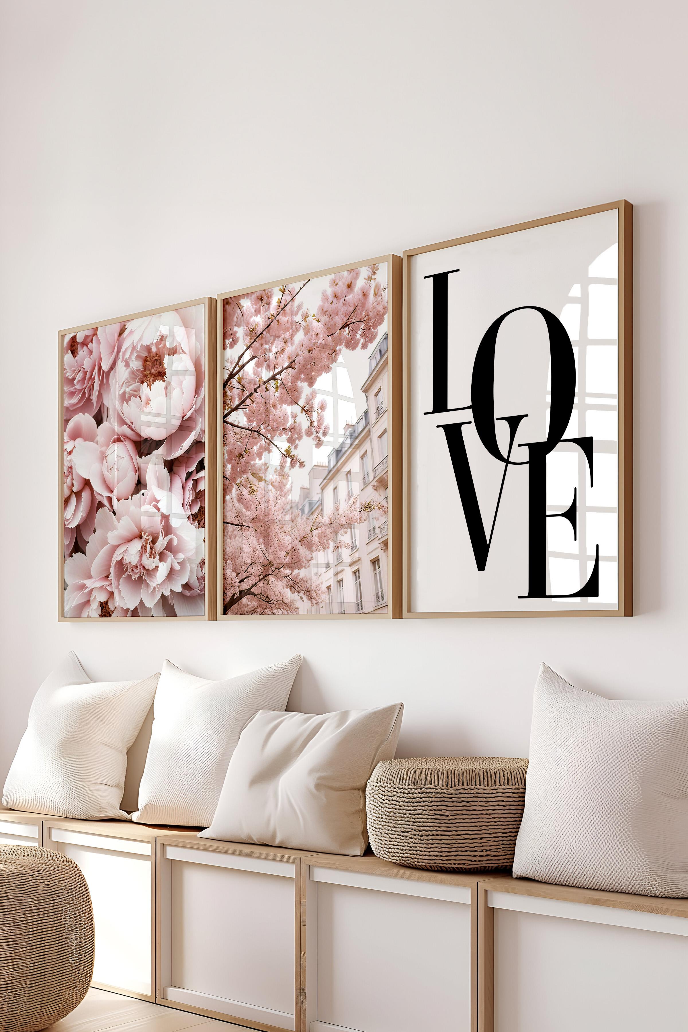 Ahşap Çerçeveli Tablo Seti, Soft Pembe Duvar Tablosu, 3 Adet Poster Seti, No:300709