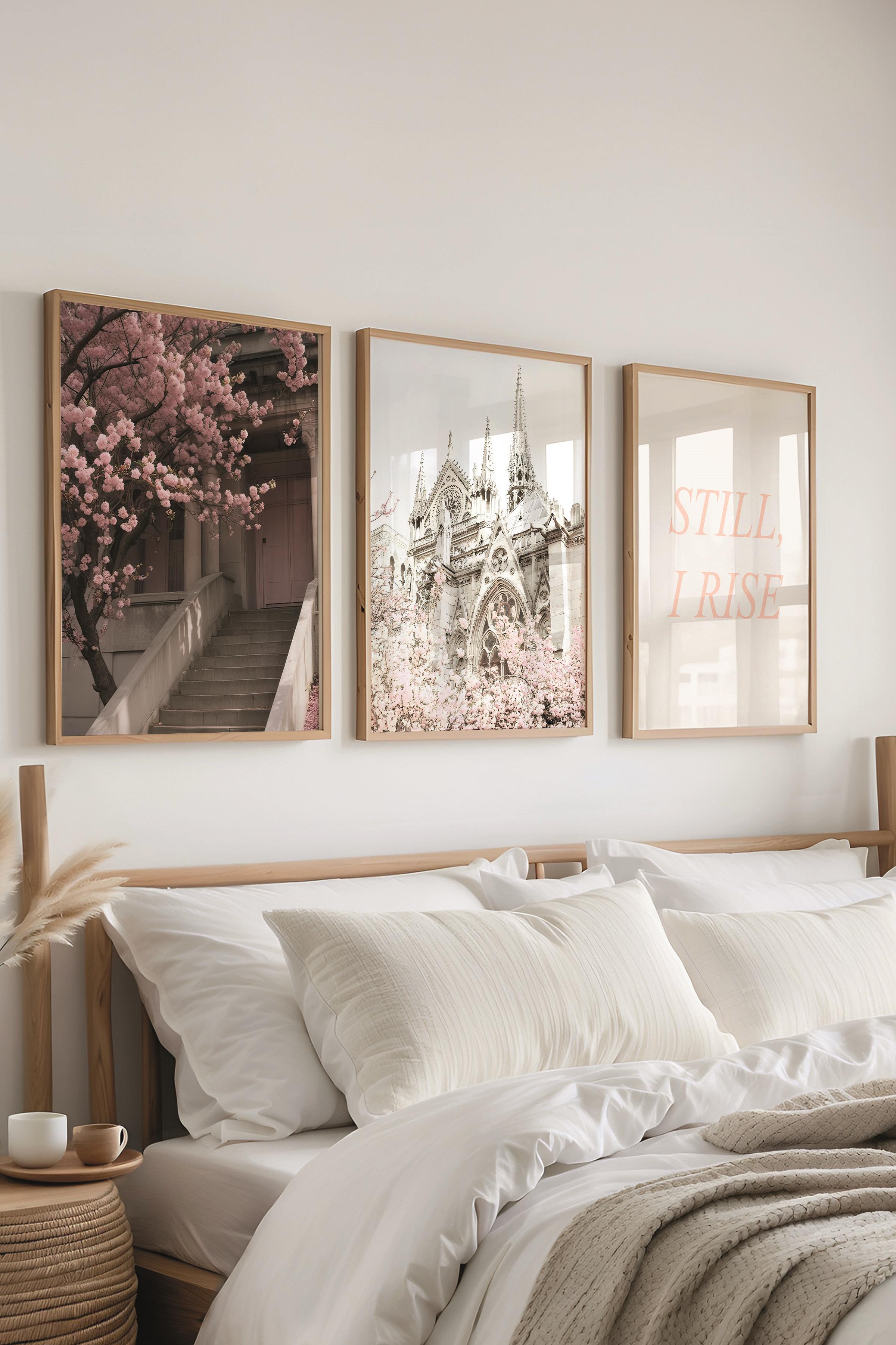 Ahşap Çerçeveli Tablo Seti, Soft Pembe Duvar Tablosu, 3 Adet Poster Seti, No:300710