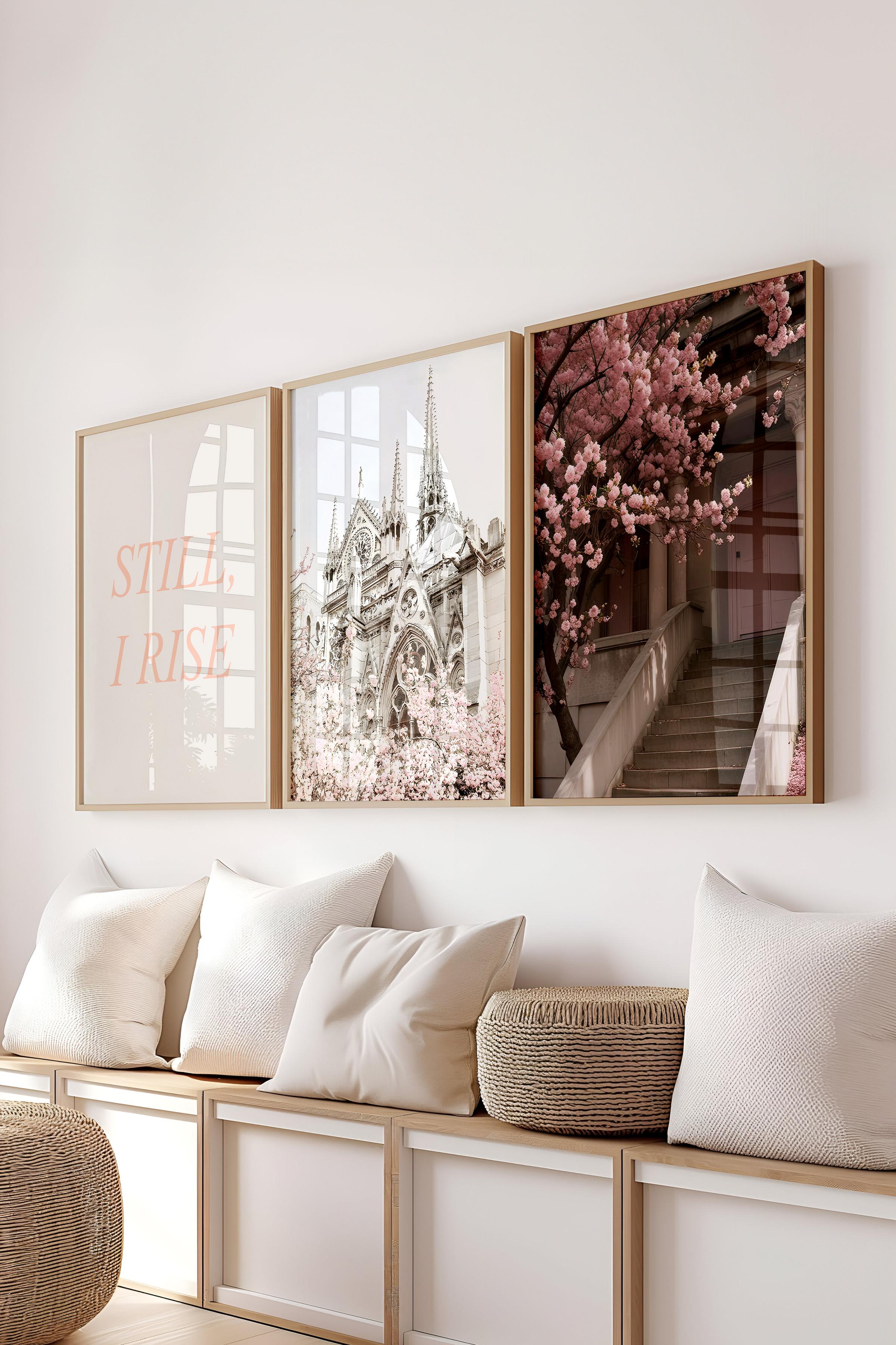 Ahşap Çerçeveli Tablo Seti, Soft Pembe Duvar Tablosu, 3 Adet Poster Seti, No:300710