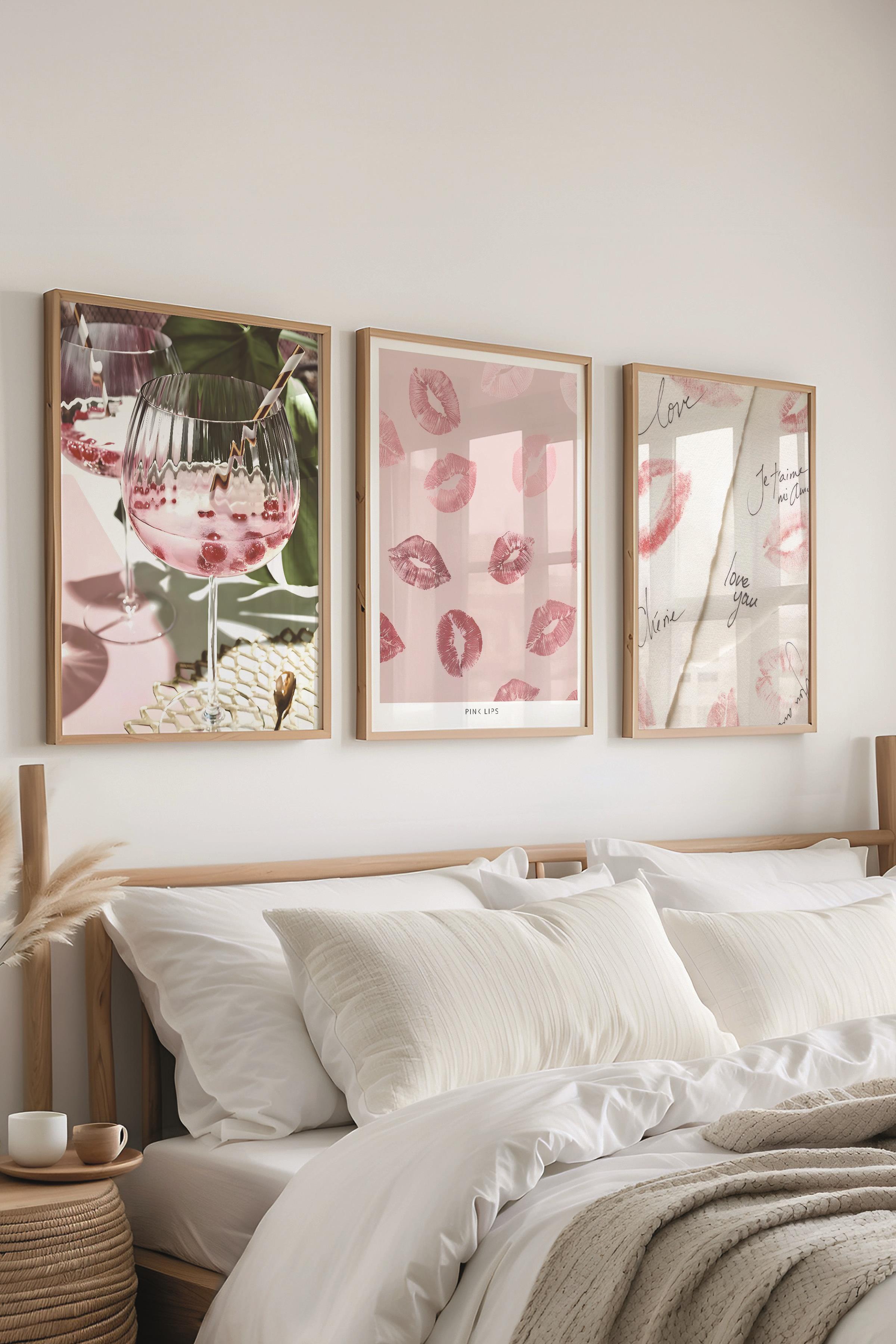 Ahşap Çerçeveli Tablo Seti, Soft Pembe Duvar Tablosu, 3 Adet Poster Seti, No:300715