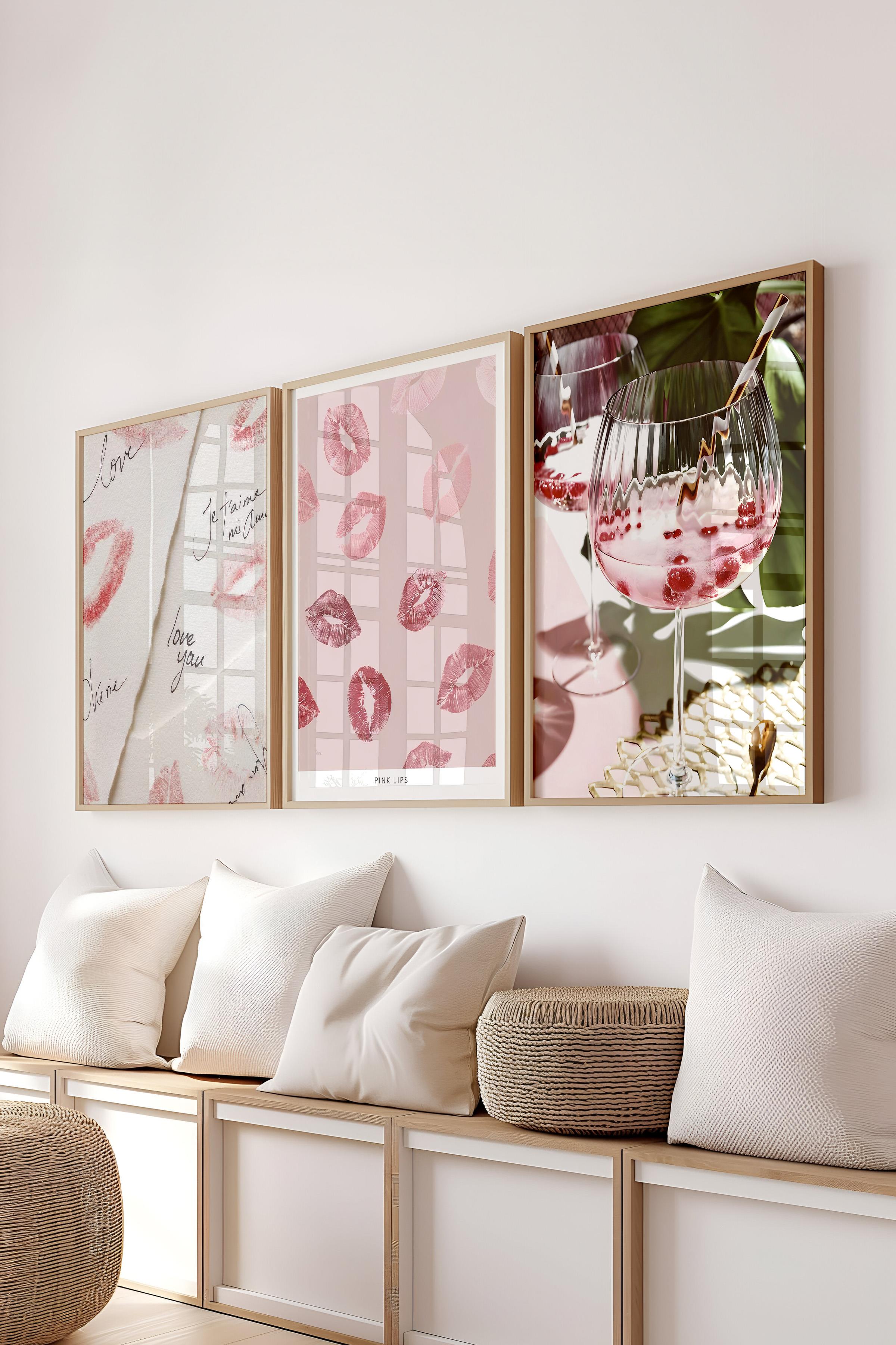 Ahşap Çerçeveli Tablo Seti, Soft Pembe Duvar Tablosu, 3 Adet Poster Seti, No:300715