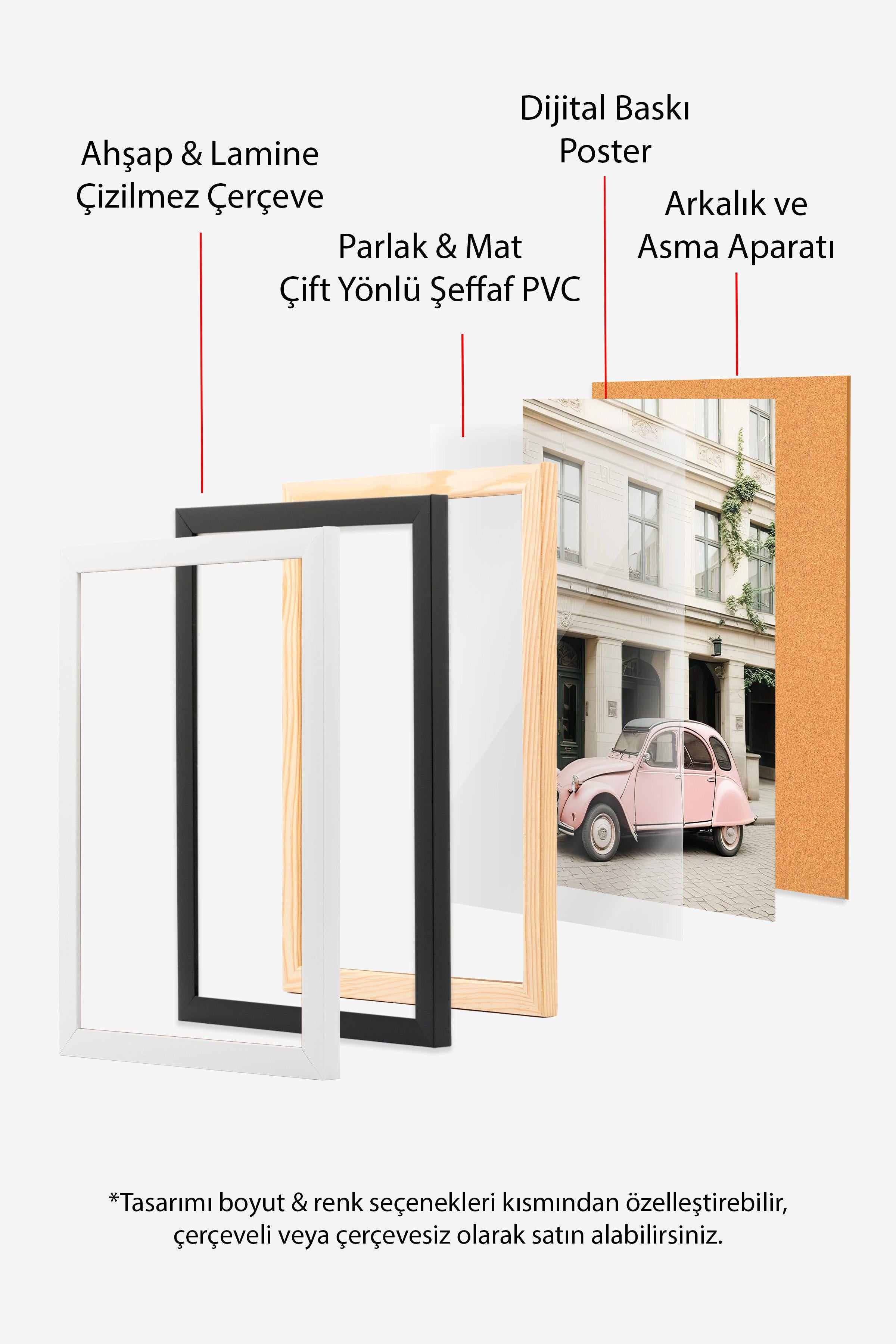 Ahşap Çerçeveli Tablo Seti, Soft Pembe Duvar Tablosu, 3 Adet Poster Seti, No:300718