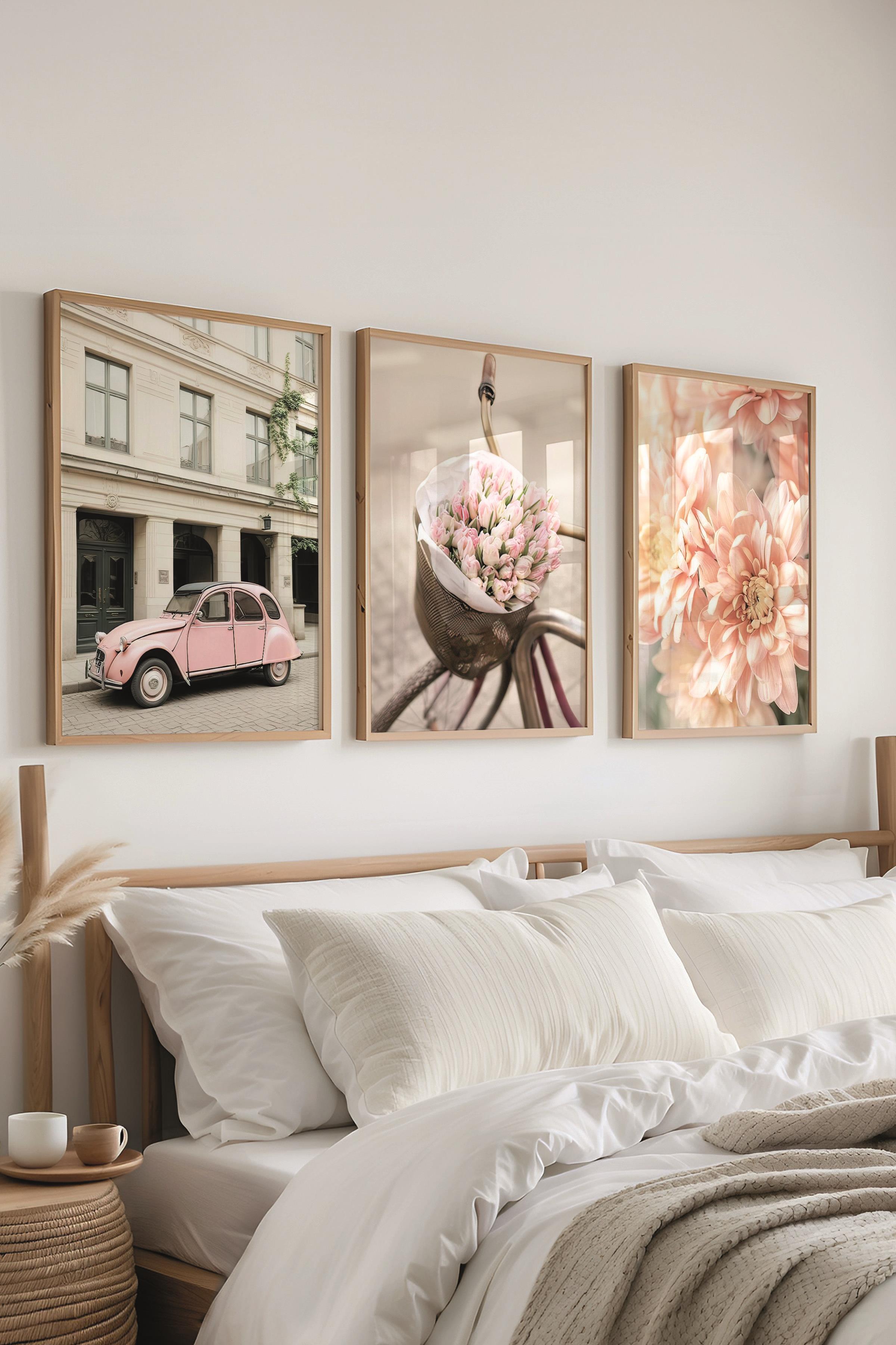 Ahşap Çerçeveli Tablo Seti, Soft Pembe Duvar Tablosu, 3 Adet Poster Seti, No:300718