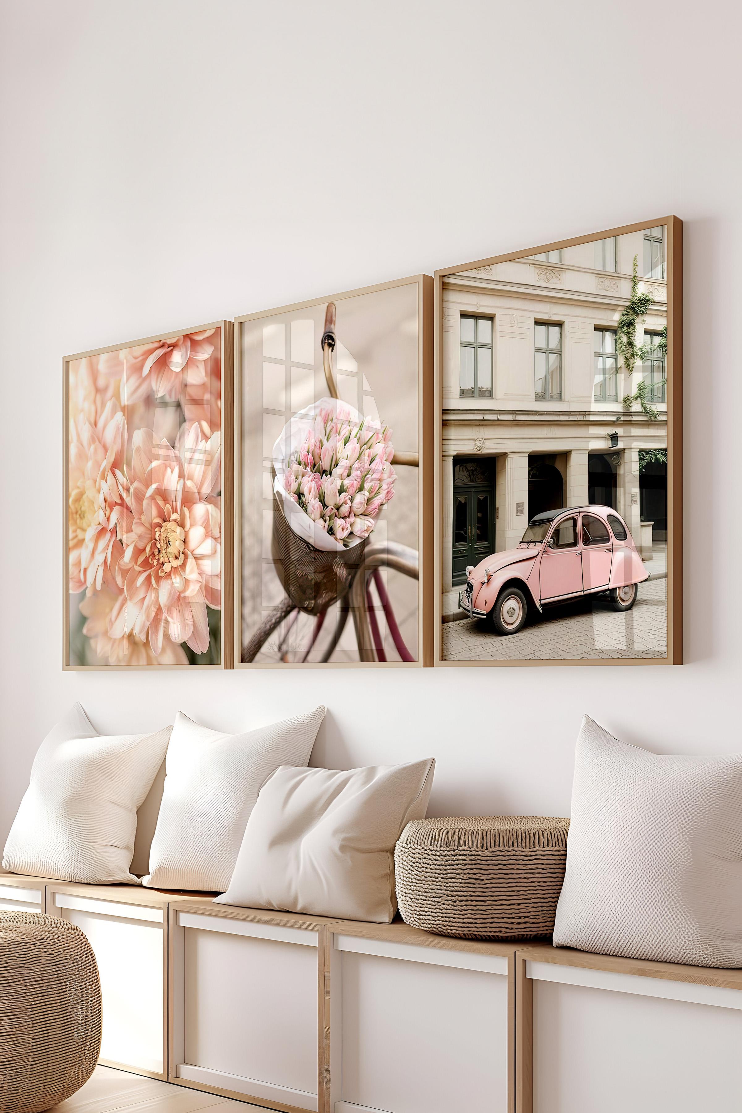 Ahşap Çerçeveli Tablo Seti, Soft Pembe Duvar Tablosu, 3 Adet Poster Seti, No:300718