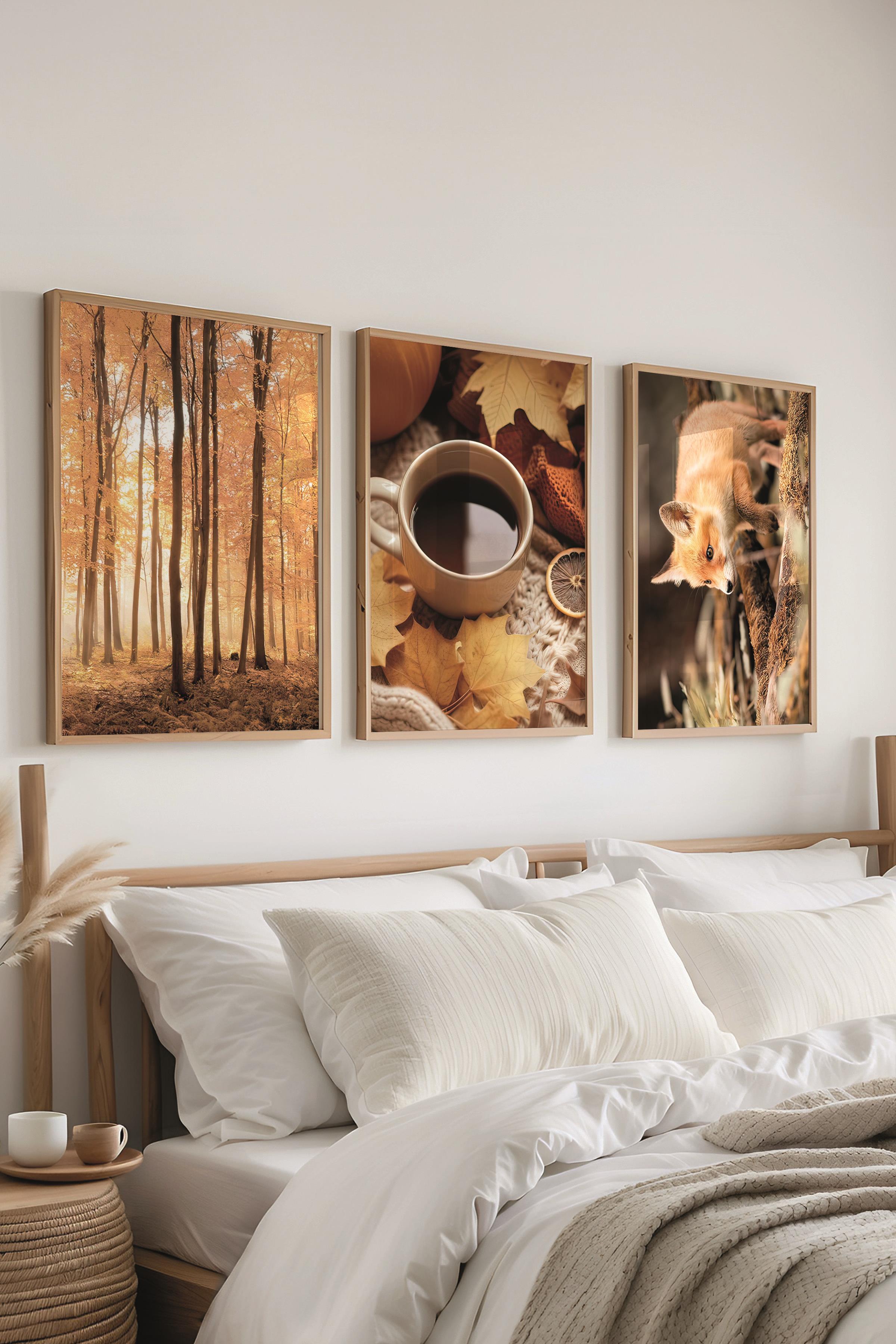 Ahşap Çerçeveli Tablo Seti, Sonbahar Fotoğrafları Duvar Tablosu, 3 Adet Poster Seti, No:300704