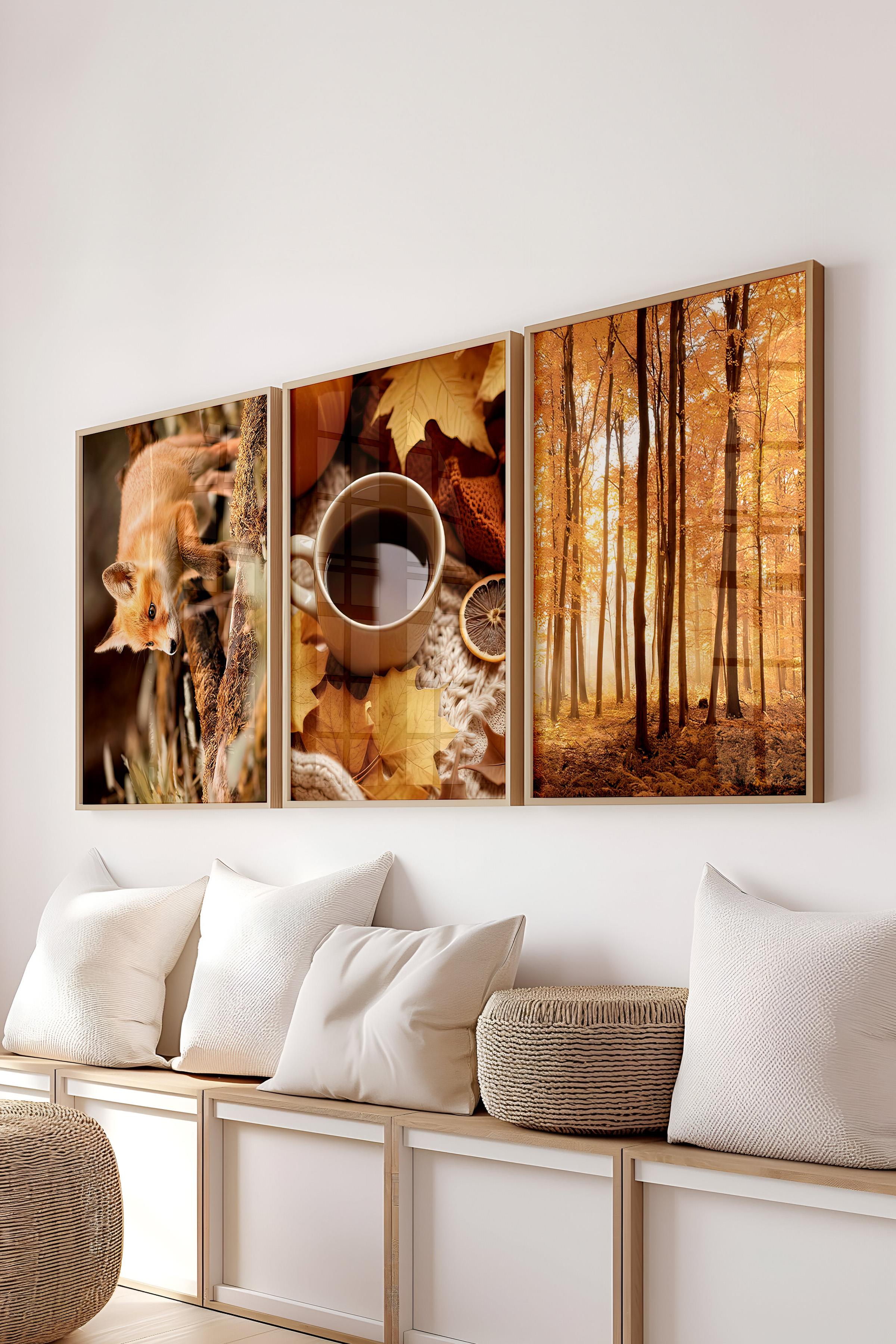 Ahşap Çerçeveli Tablo Seti, Sonbahar Fotoğrafları Duvar Tablosu, 3 Adet Poster Seti, No:300704