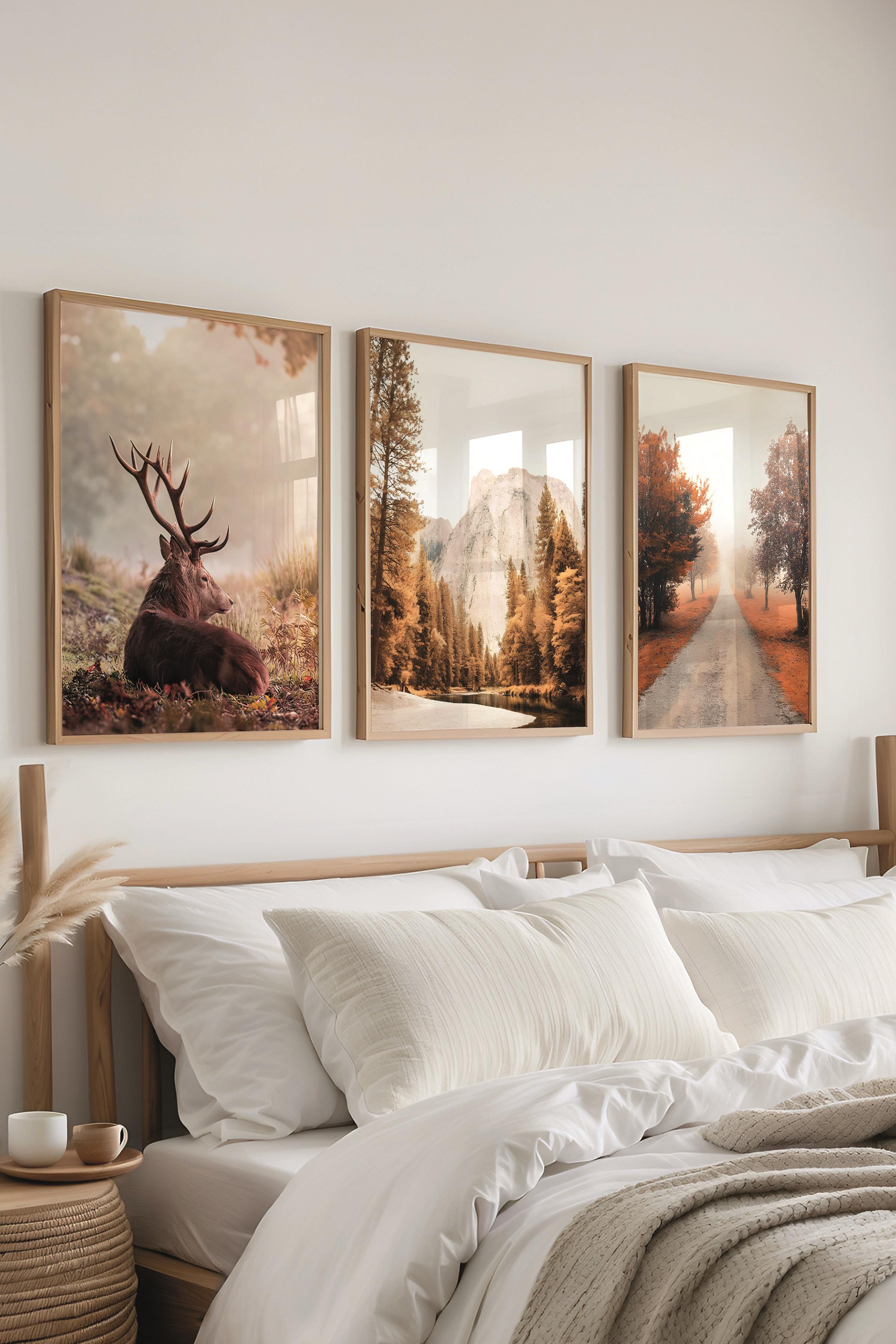 Ahşap Çerçeveli Tablo Seti, Sonbahar Fotoğrafları Duvar Tablosu, 3 Adet Poster Seti, No:300705