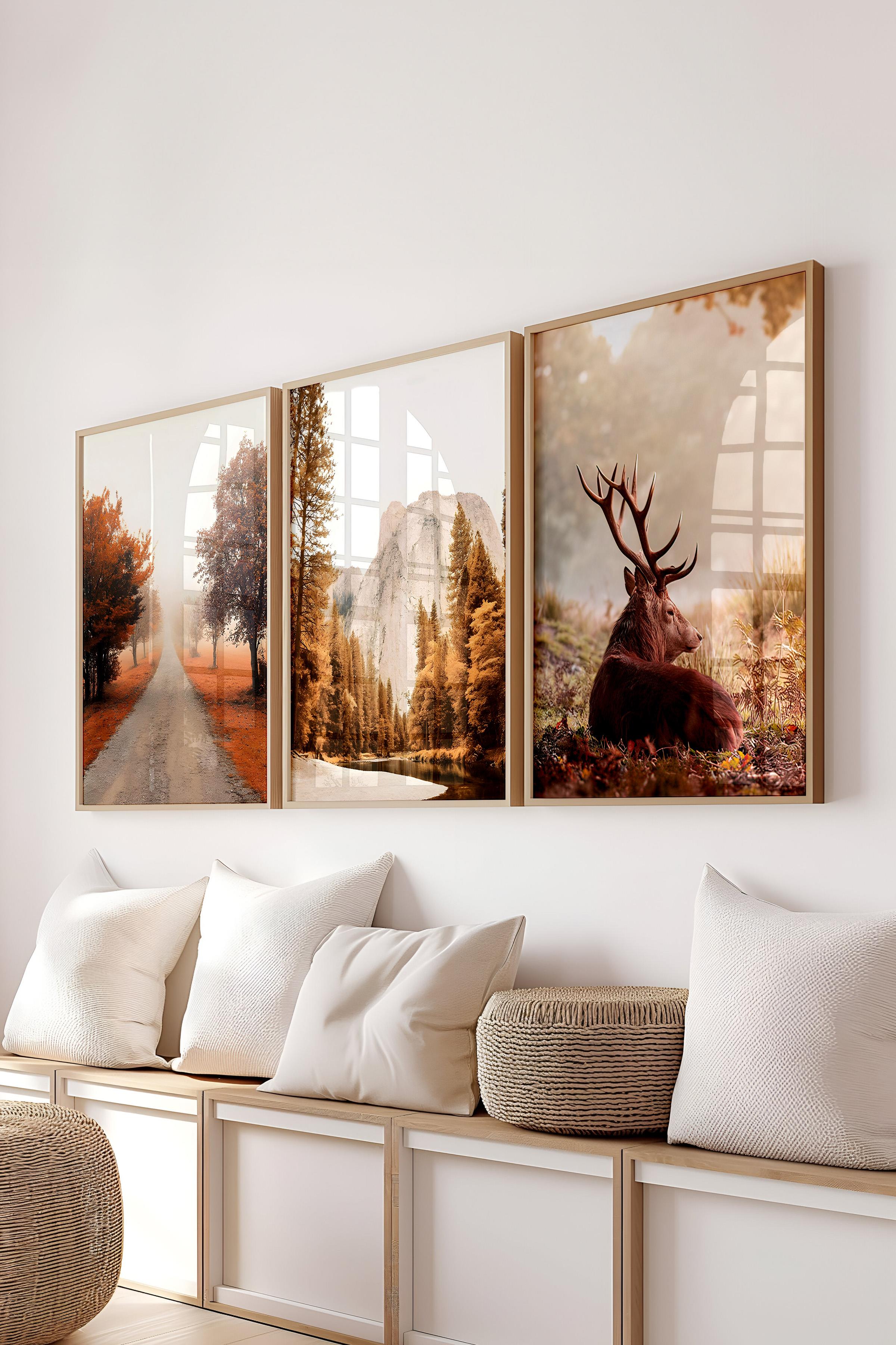 Ahşap Çerçeveli Tablo Seti, Sonbahar Fotoğrafları Duvar Tablosu, 3 Adet Poster Seti, No:300705