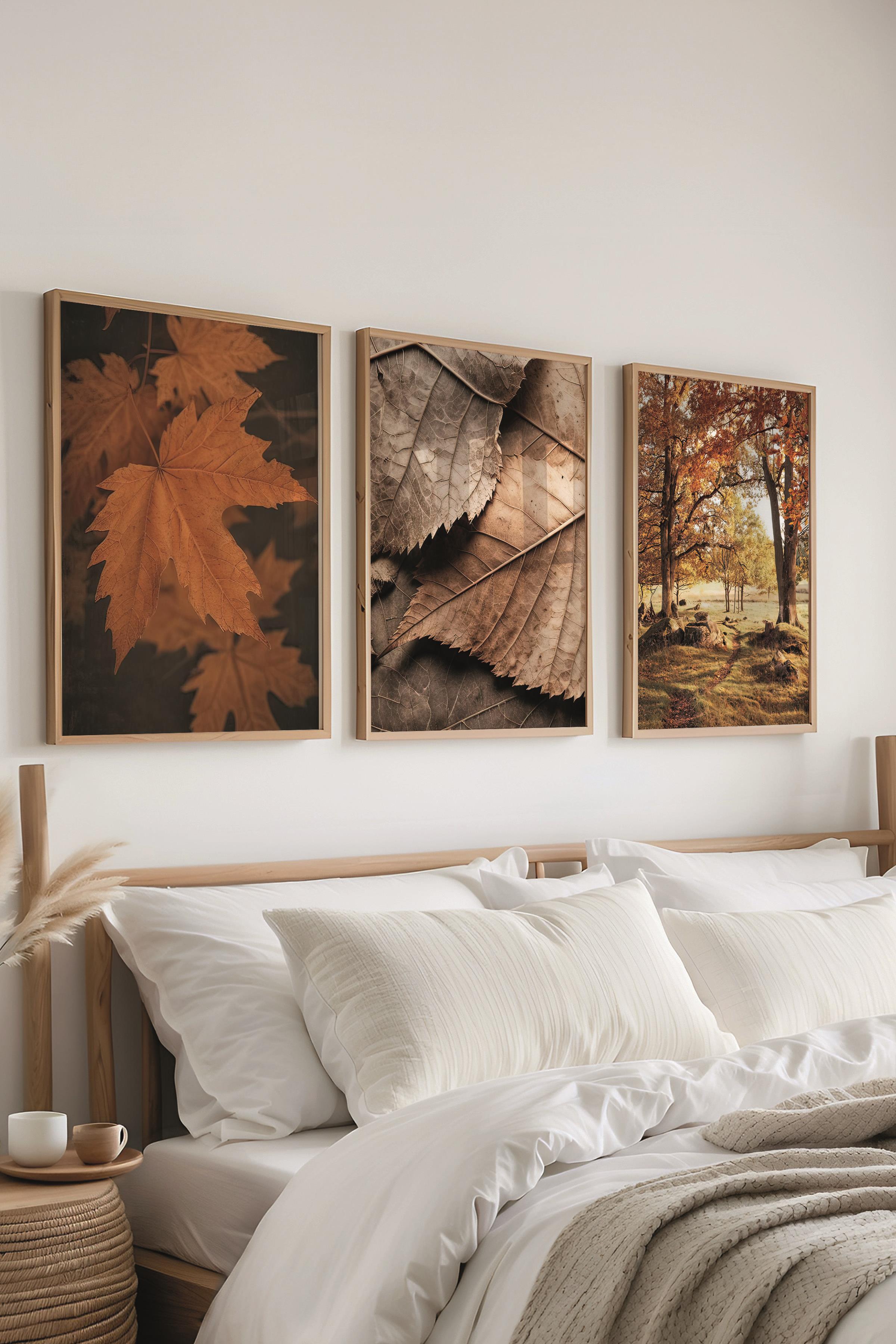 Ahşap Çerçeveli Tablo Seti, Sonbahar Fotoğrafları Duvar Tablosu, 3 Adet Poster Seti, No:300706