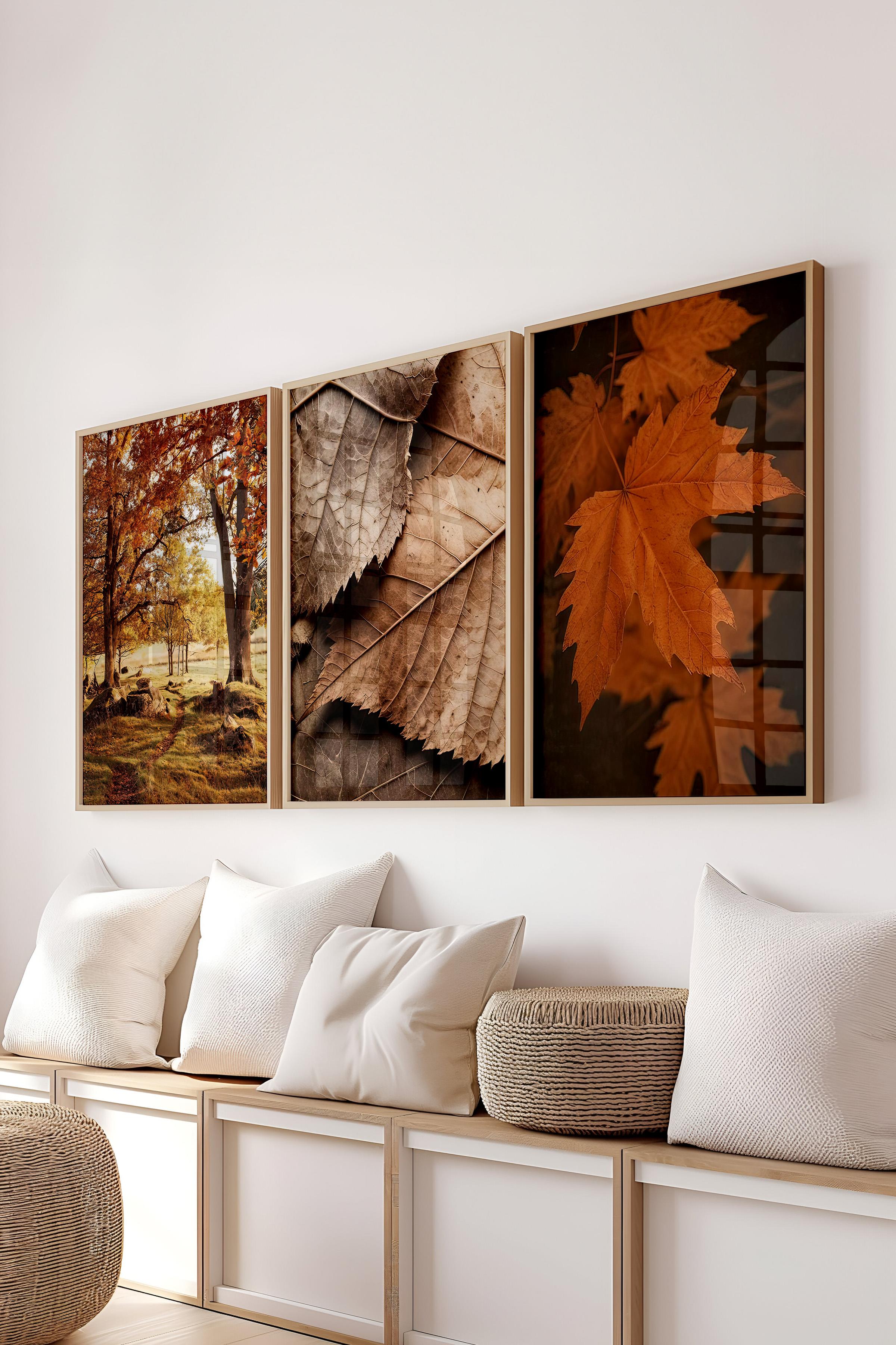 Ahşap Çerçeveli Tablo Seti, Sonbahar Fotoğrafları Duvar Tablosu, 3 Adet Poster Seti, No:300706