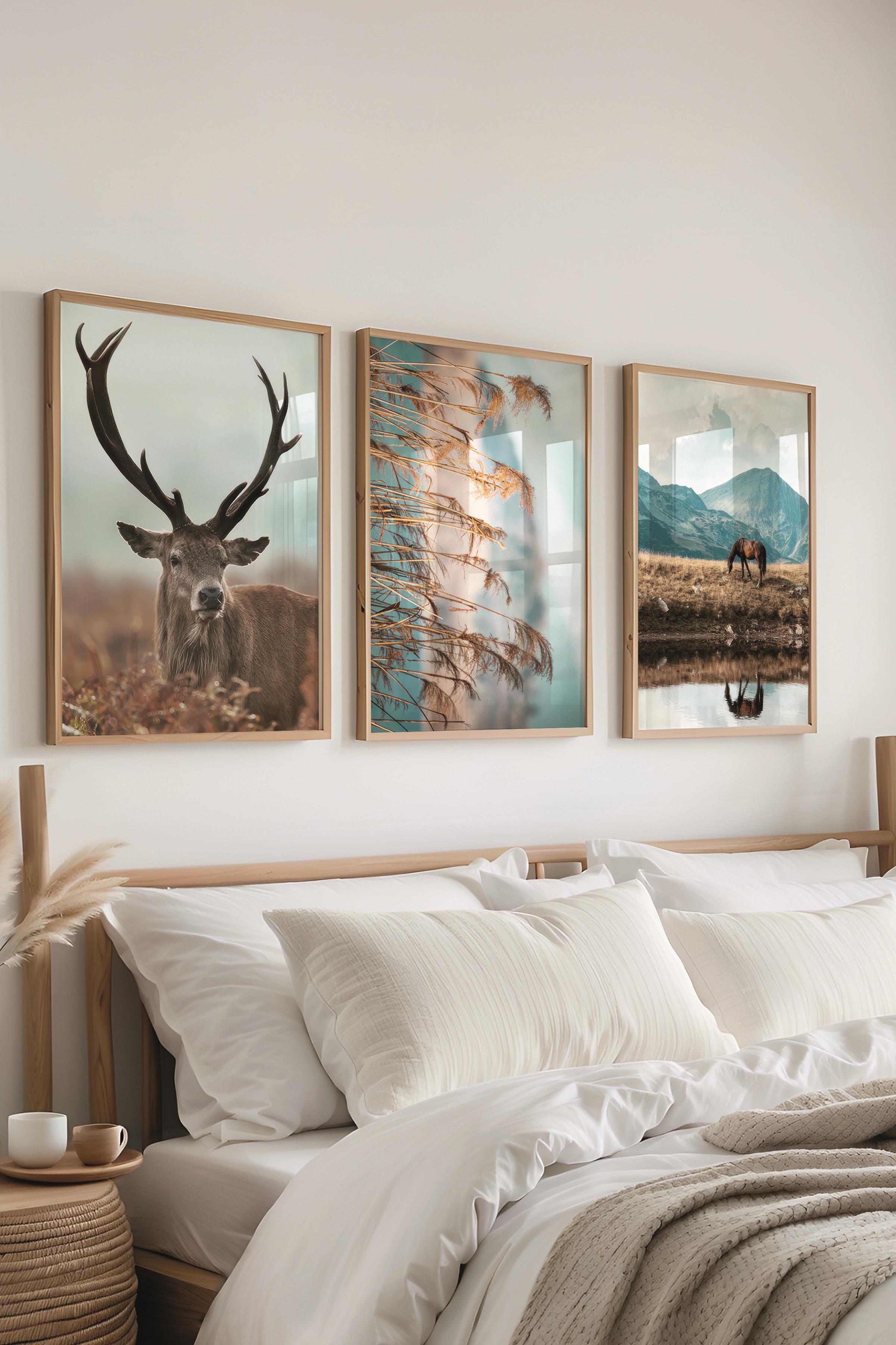 Ahşap Çerçeveli Tablo Seti, Vahşi Doğa Duvar Tablosu, 3 Adet Poster Seti, No:300735