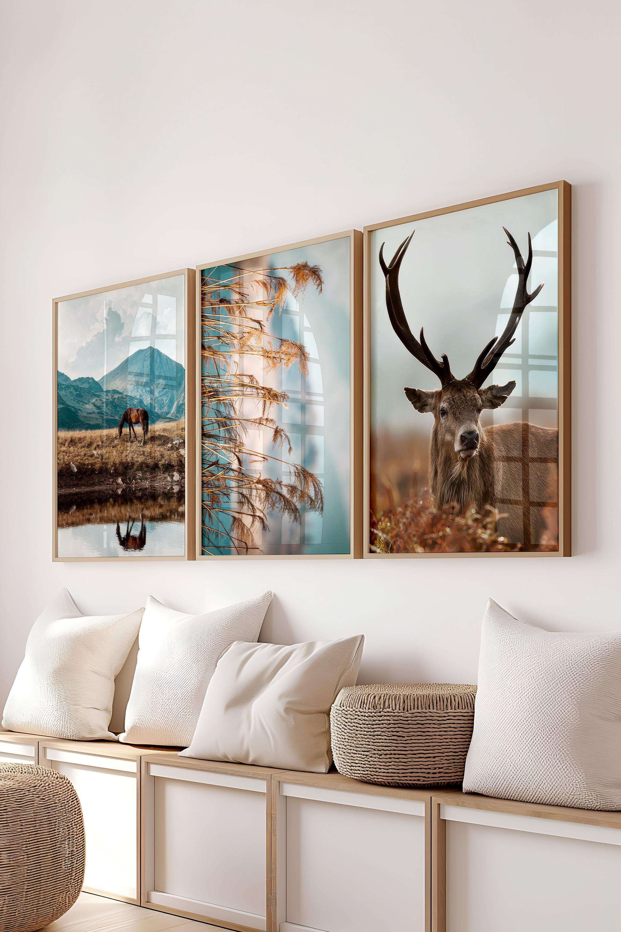 Ahşap Çerçeveli Tablo Seti, Vahşi Doğa Duvar Tablosu, 3 Adet Poster Seti, No:300735