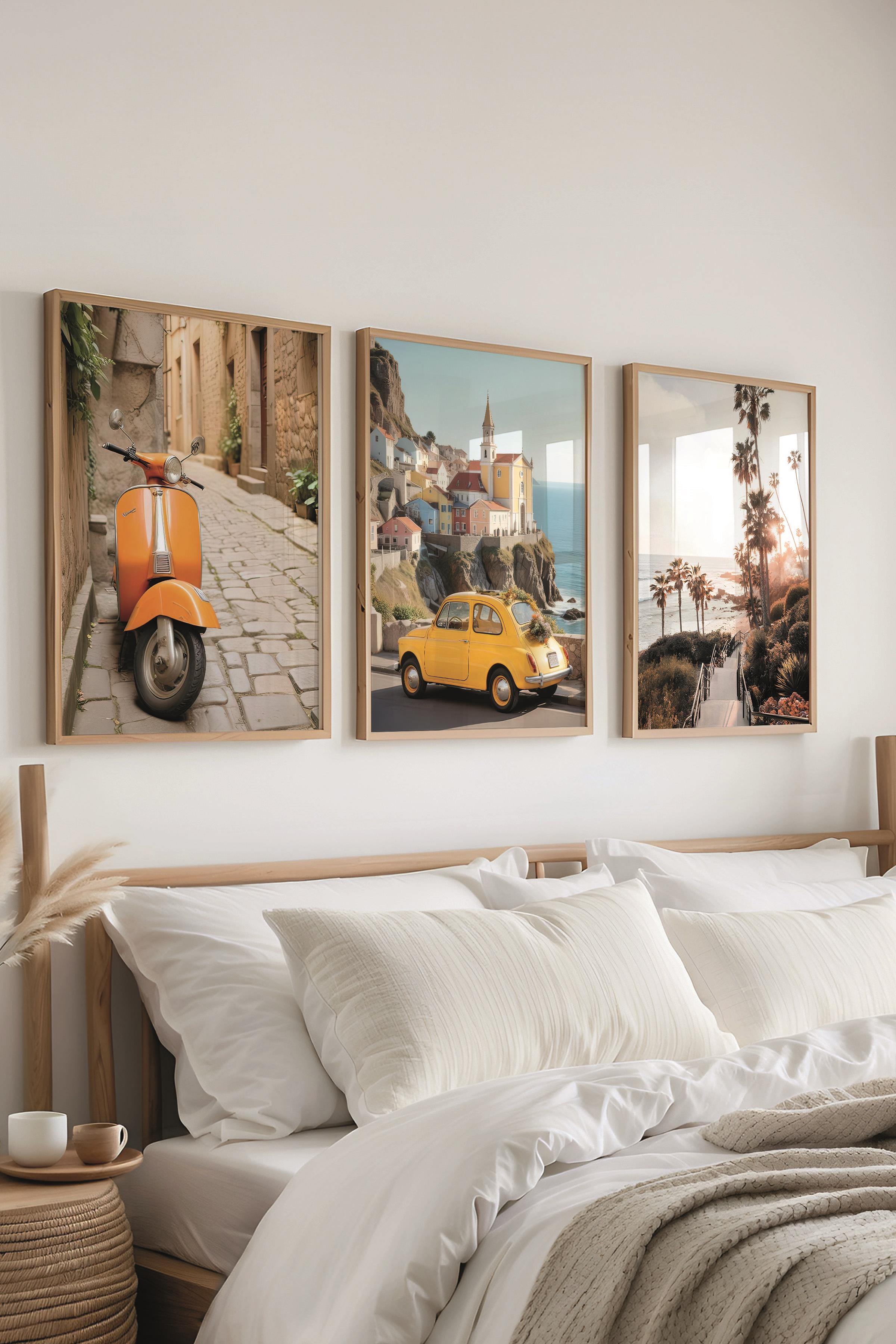 Ahşap Çerçeveli Tablo Seti, Vespa ve Gezi Duvar Tablosu, 3 Adet Poster Seti, No:300701