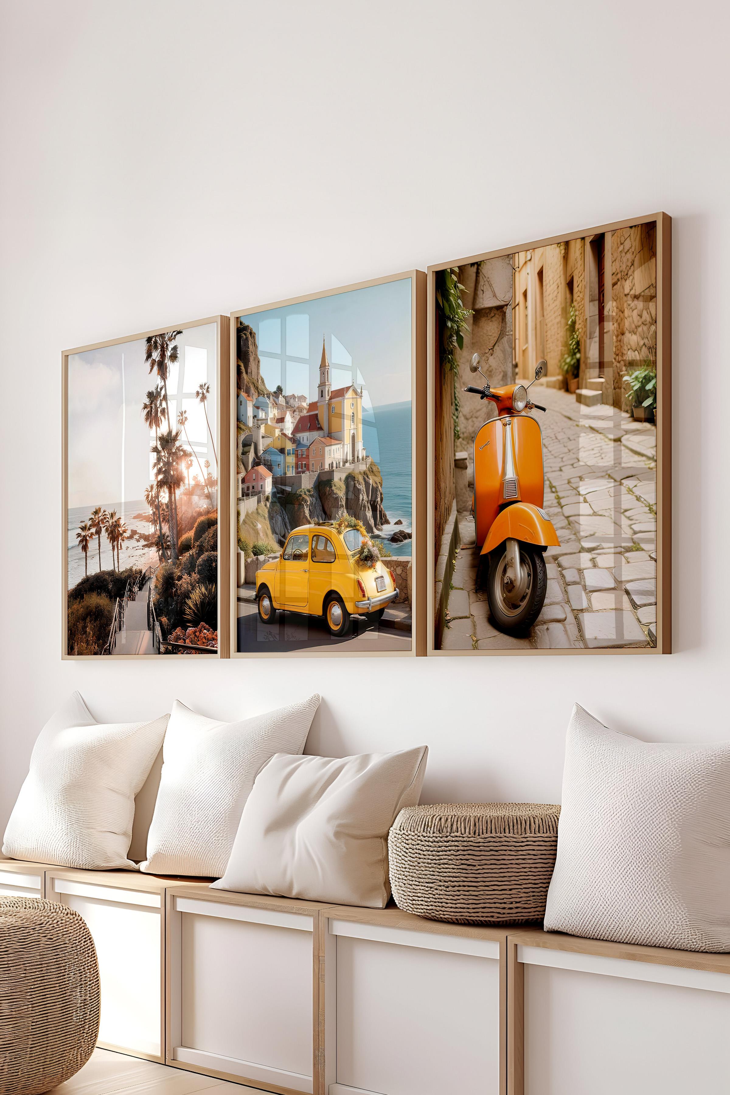 Ahşap Çerçeveli Tablo Seti, Vespa ve Gezi Duvar Tablosu, 3 Adet Poster Seti, No:300701