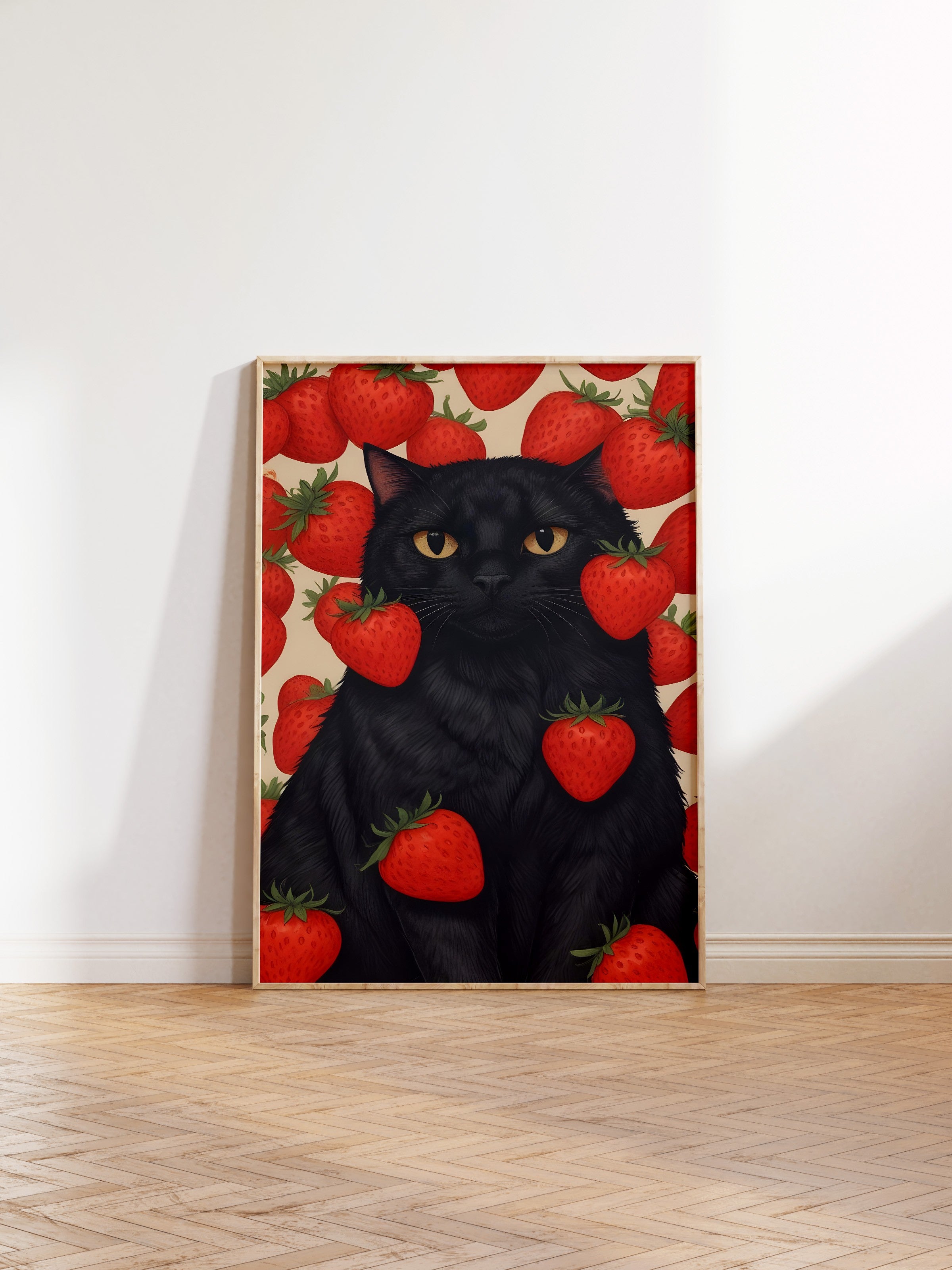 Ahşap Çerçeveli Tablo, Strawberry Cat, Comfort Serisi Mutfak Ahşap Tablo, NO:109108