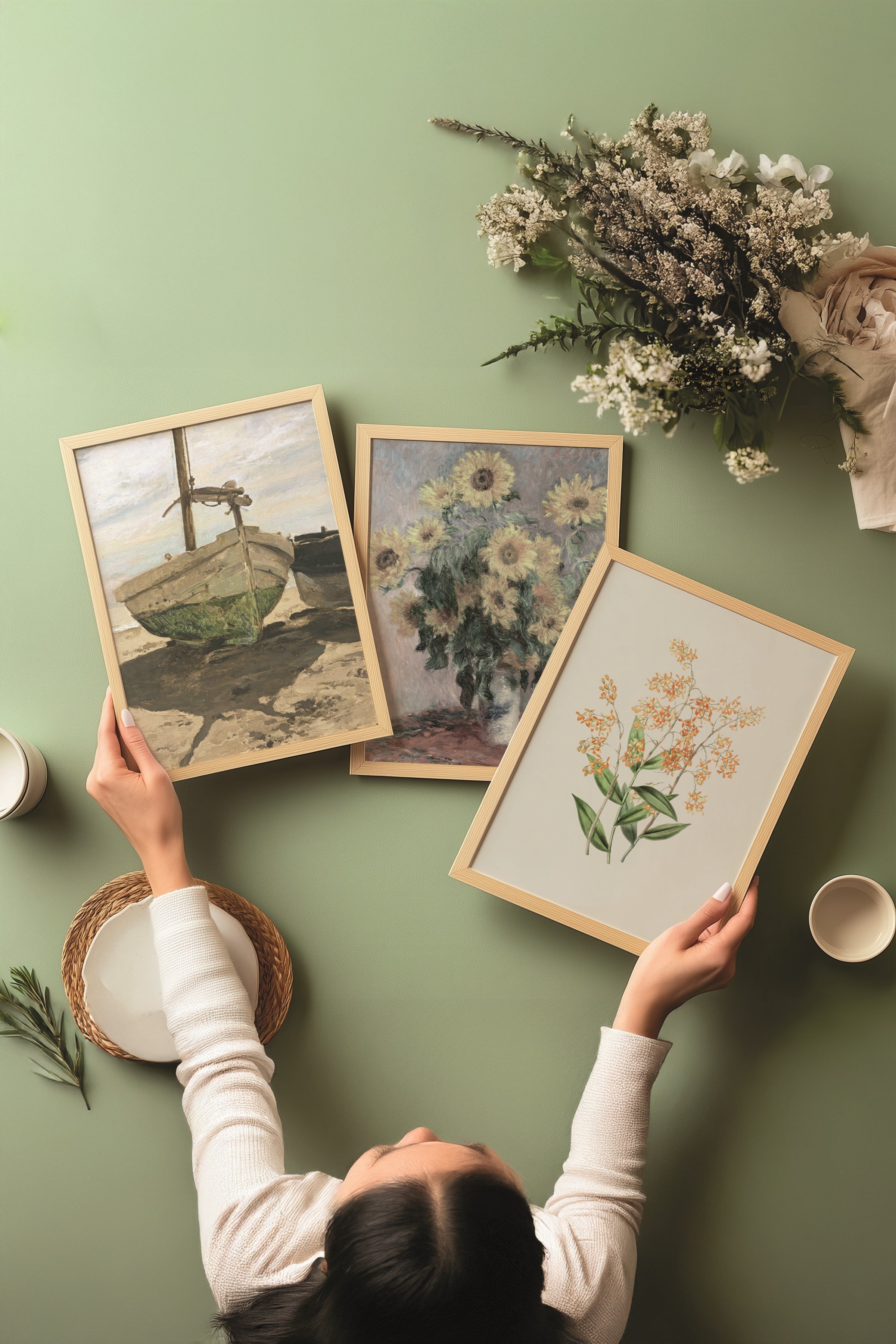 Ahşap Tablo Seti, 3 Adet Ahşap Çerçeveli Poster Art of Green Model No:300887, Yeşil Duvar Dekoru