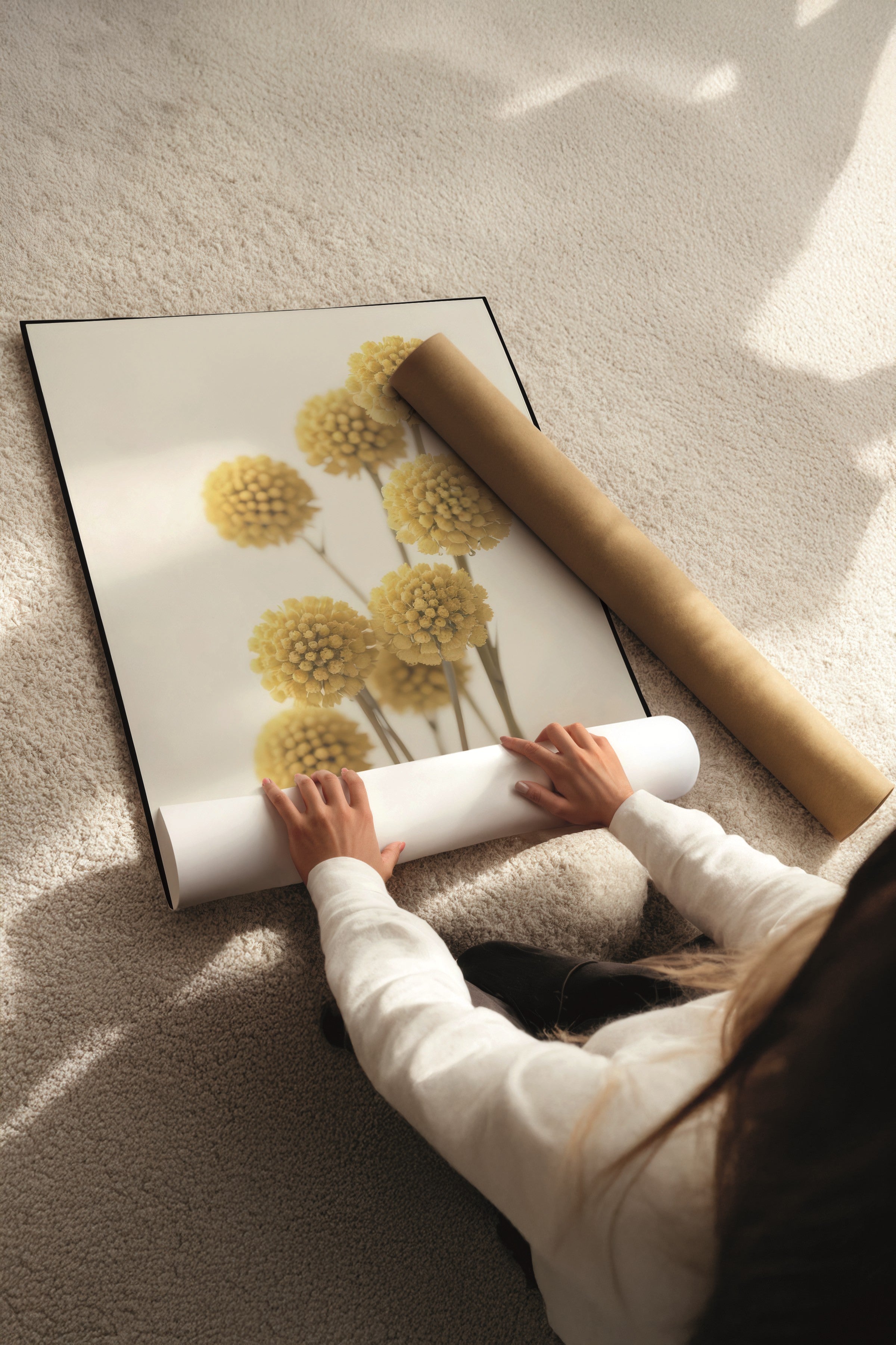 Ahşap Tablo Seti, 3 Adet Ahşap Çerçeveli Poster Bees & Flowers Model No:300805, Sarı Duvar Dekoru