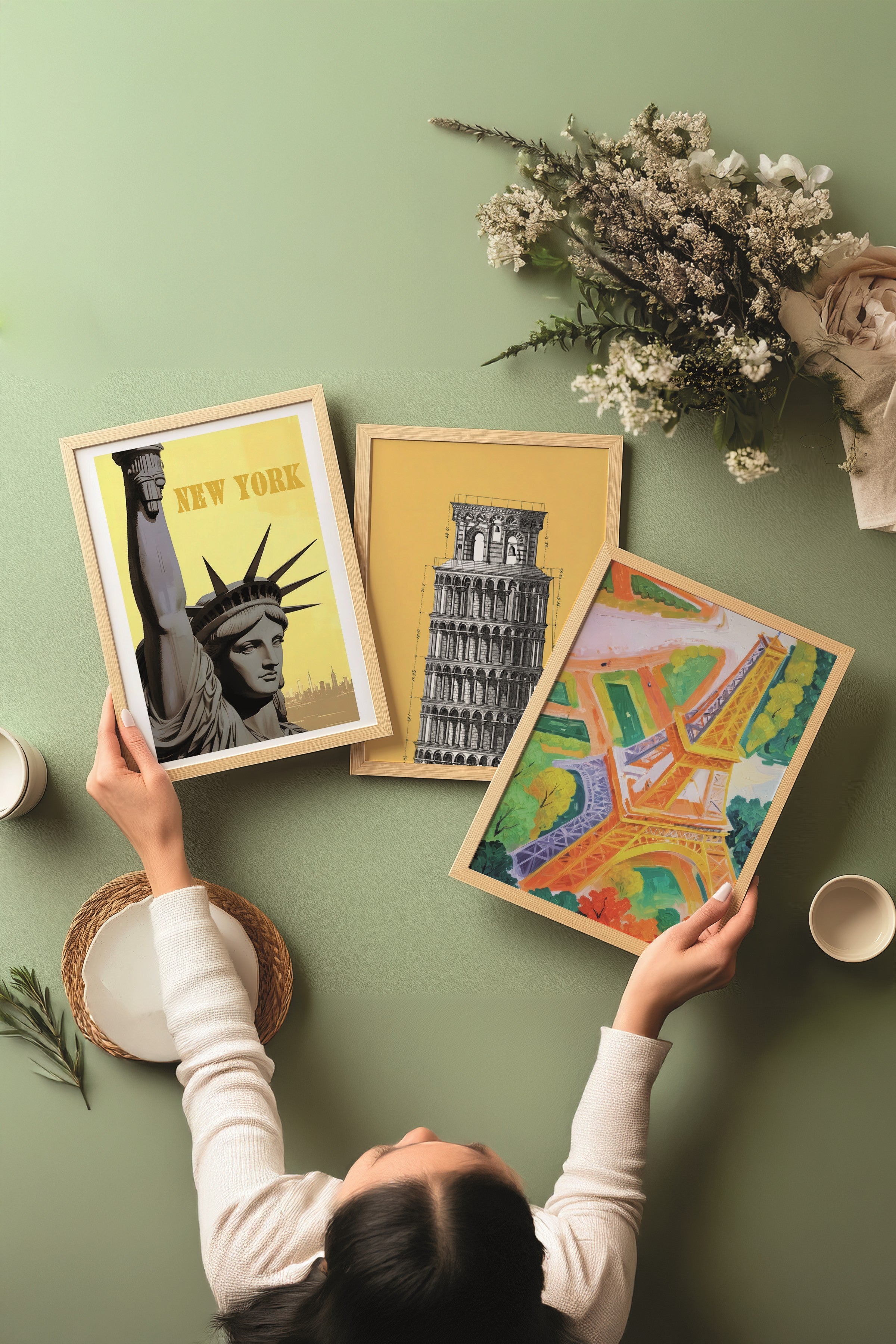 Ahşap Tablo Seti, 3 Adet Ahşap Çerçeveli Poster Colorfull Cities Model No:300816, Sarı Duvar Dekoru