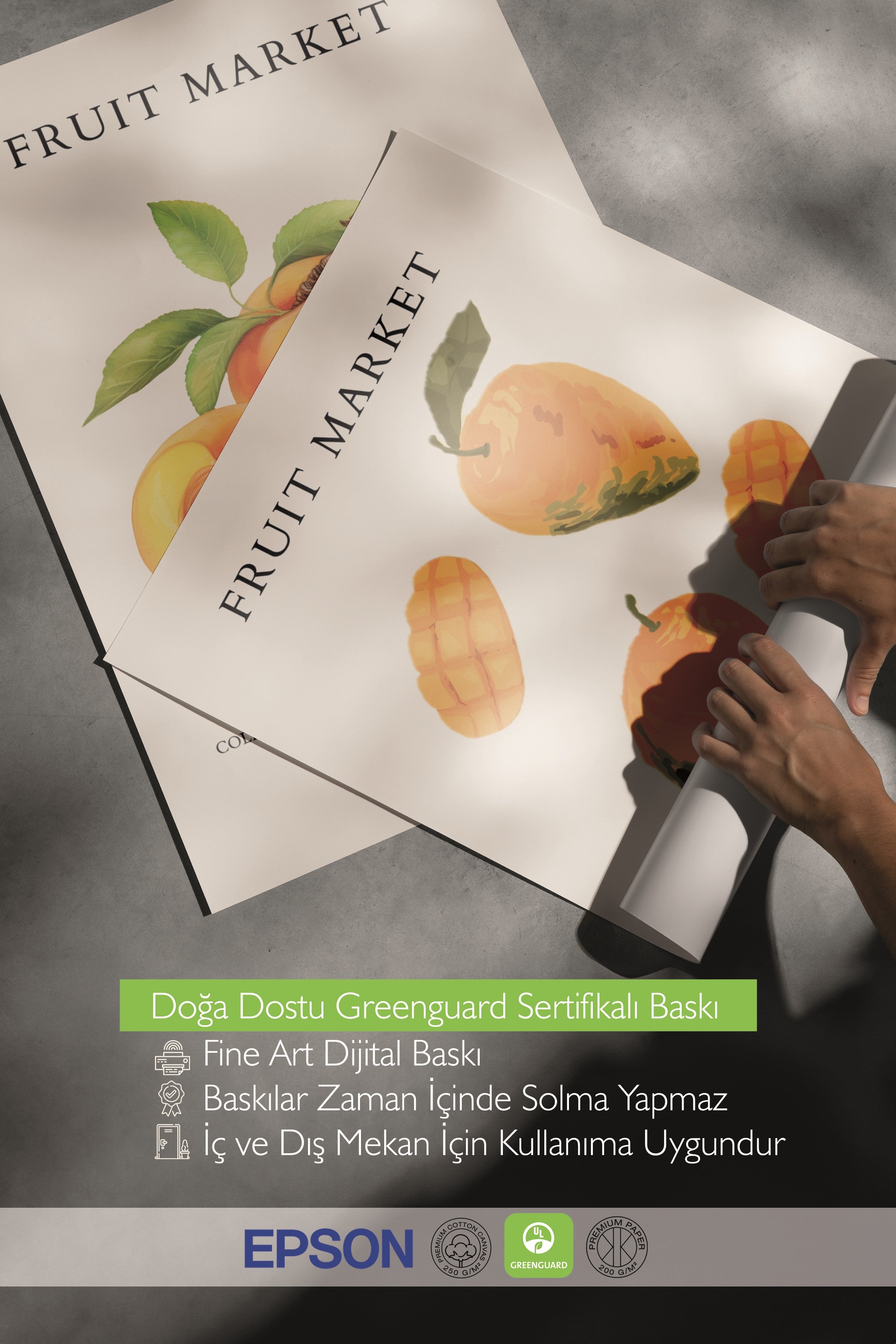 Ahşap Tablo Seti, 3 Adet Ahşap Çerçeveli Poster Fruit Market Model No:300881, Turuncu Duvar Dekoru