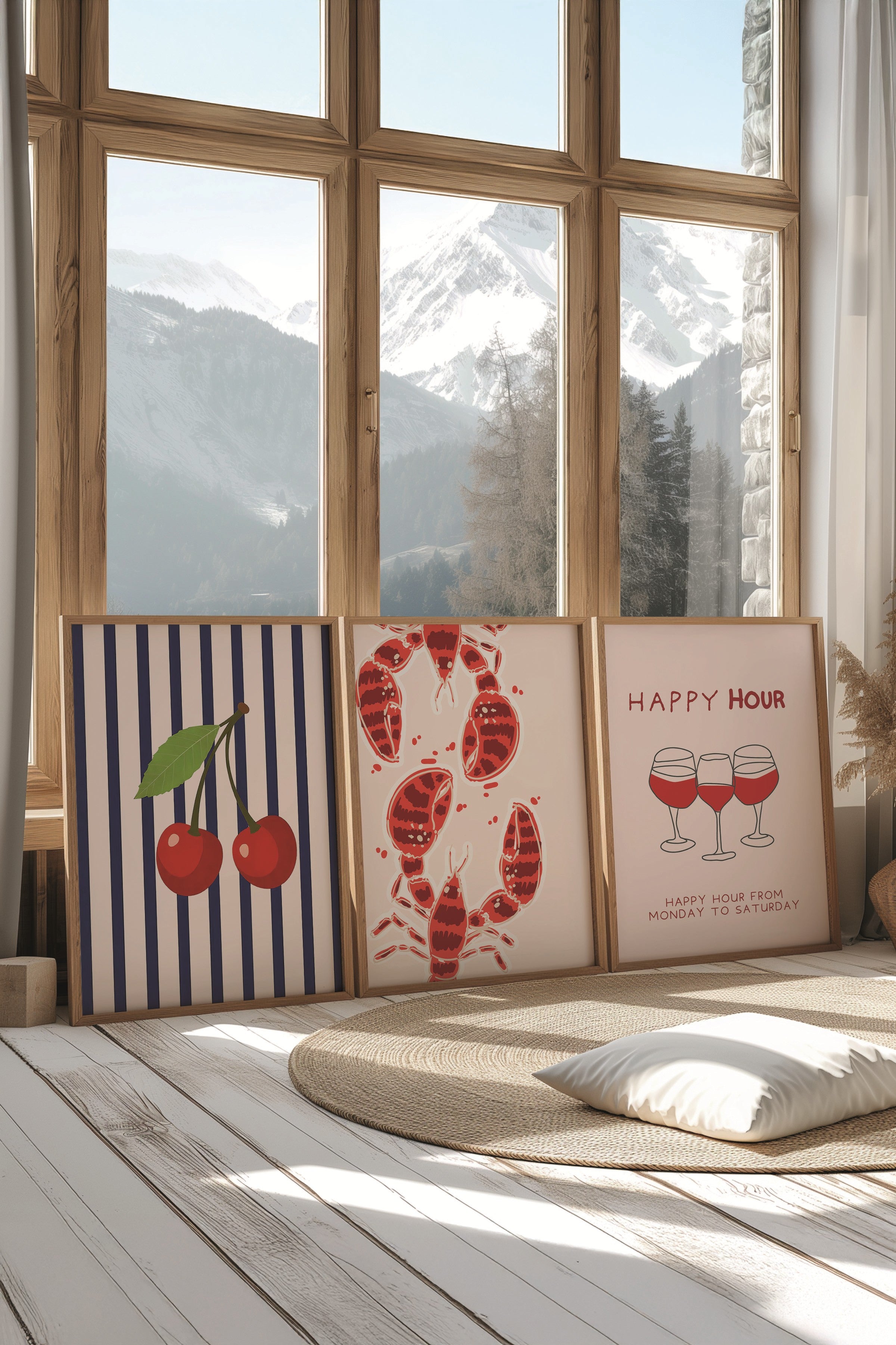Ahşap Tablo Seti, 3 Adet Ahşap Çerçeveli Poster Happy Hour Model No:300841, Kırmızı Duvar Dekoru