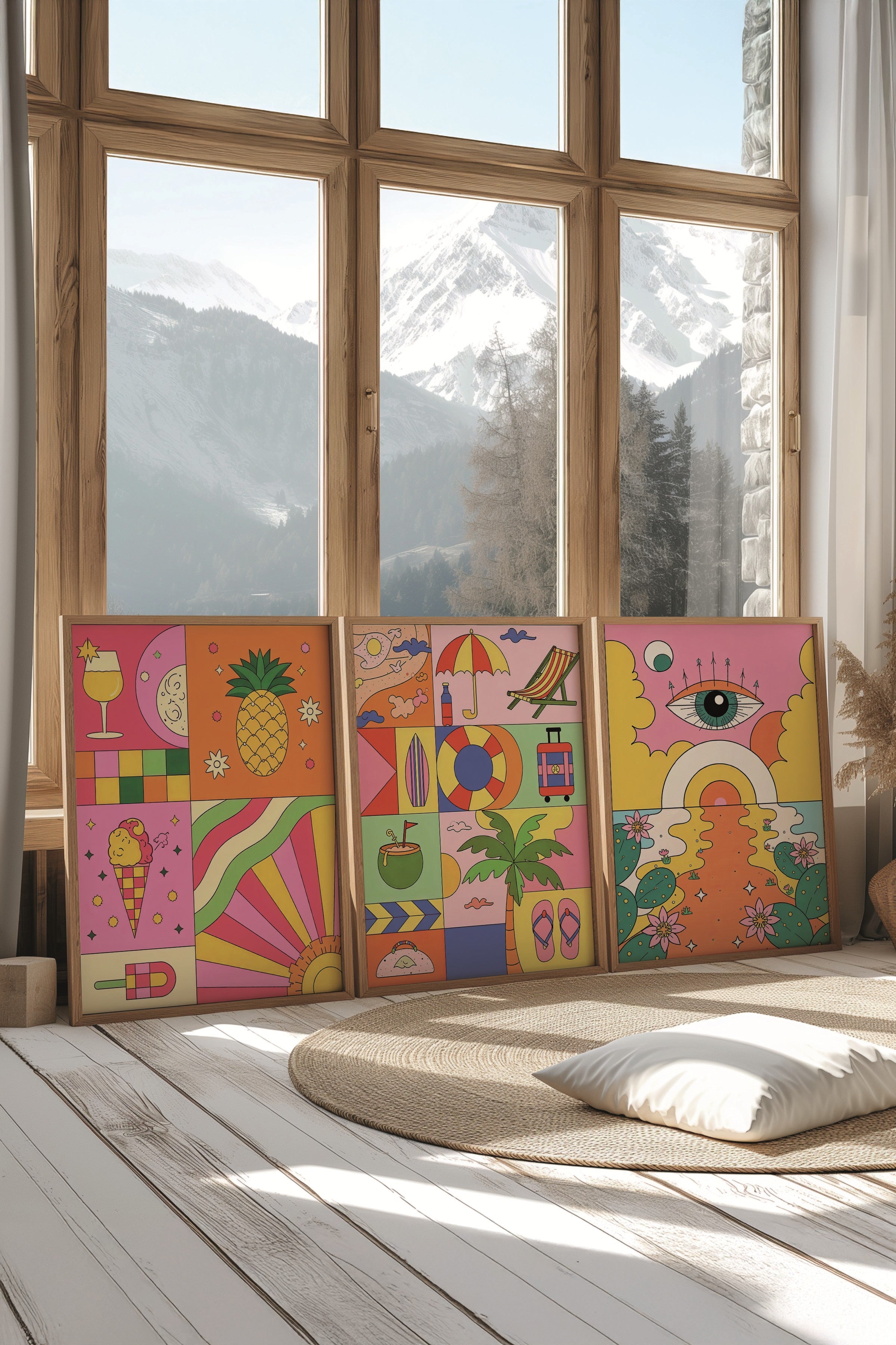 Ahşap Tablo Seti, 3 Adet Ahşap Çerçeveli Poster İndie Summer Model No:300839, Renkli Duvar Dekoru