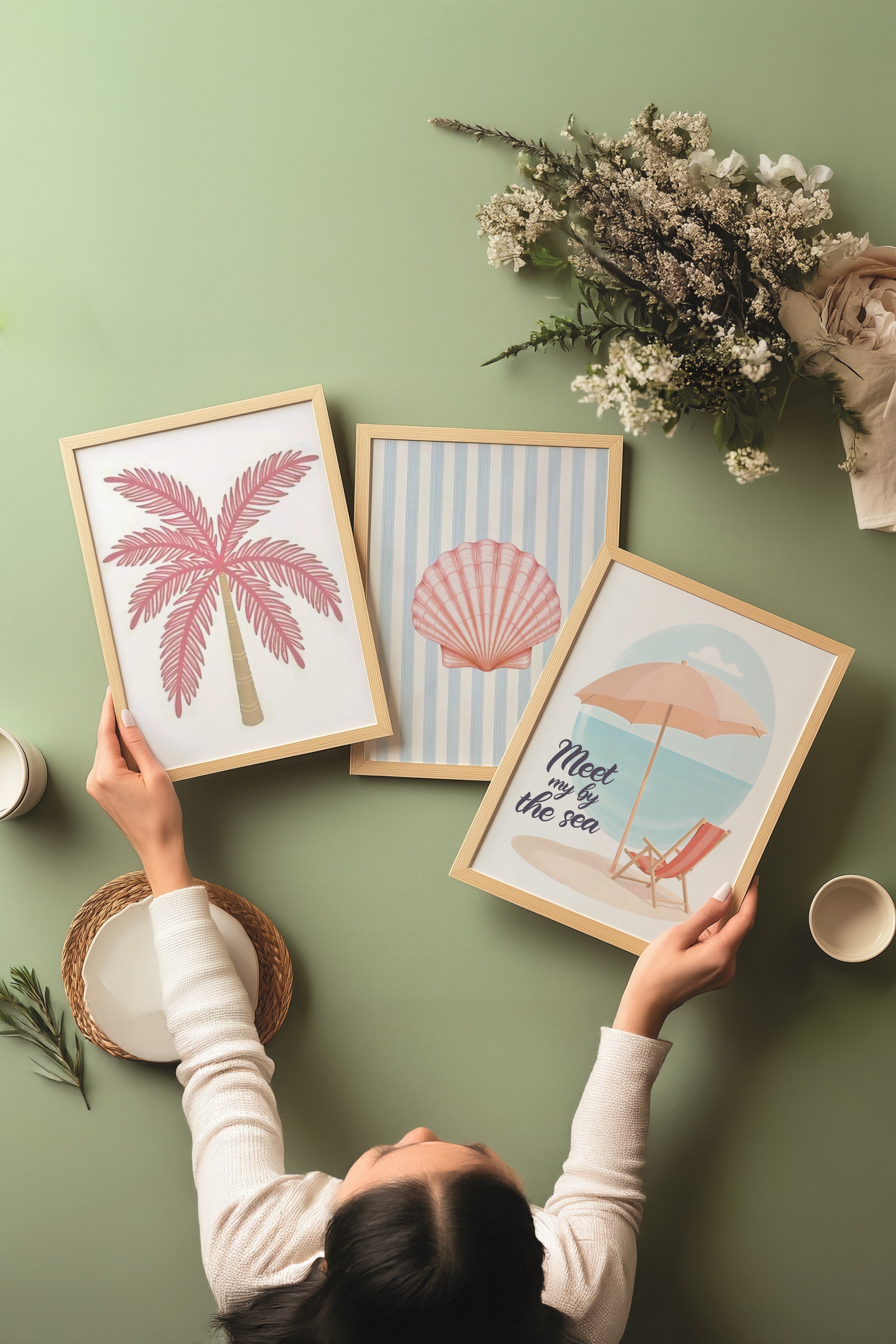 Ahşap Tablo Seti, 3 Adet Ahşap Çerçeveli Poster Meet by the Sea Model No:300835, Duvar Dekoru