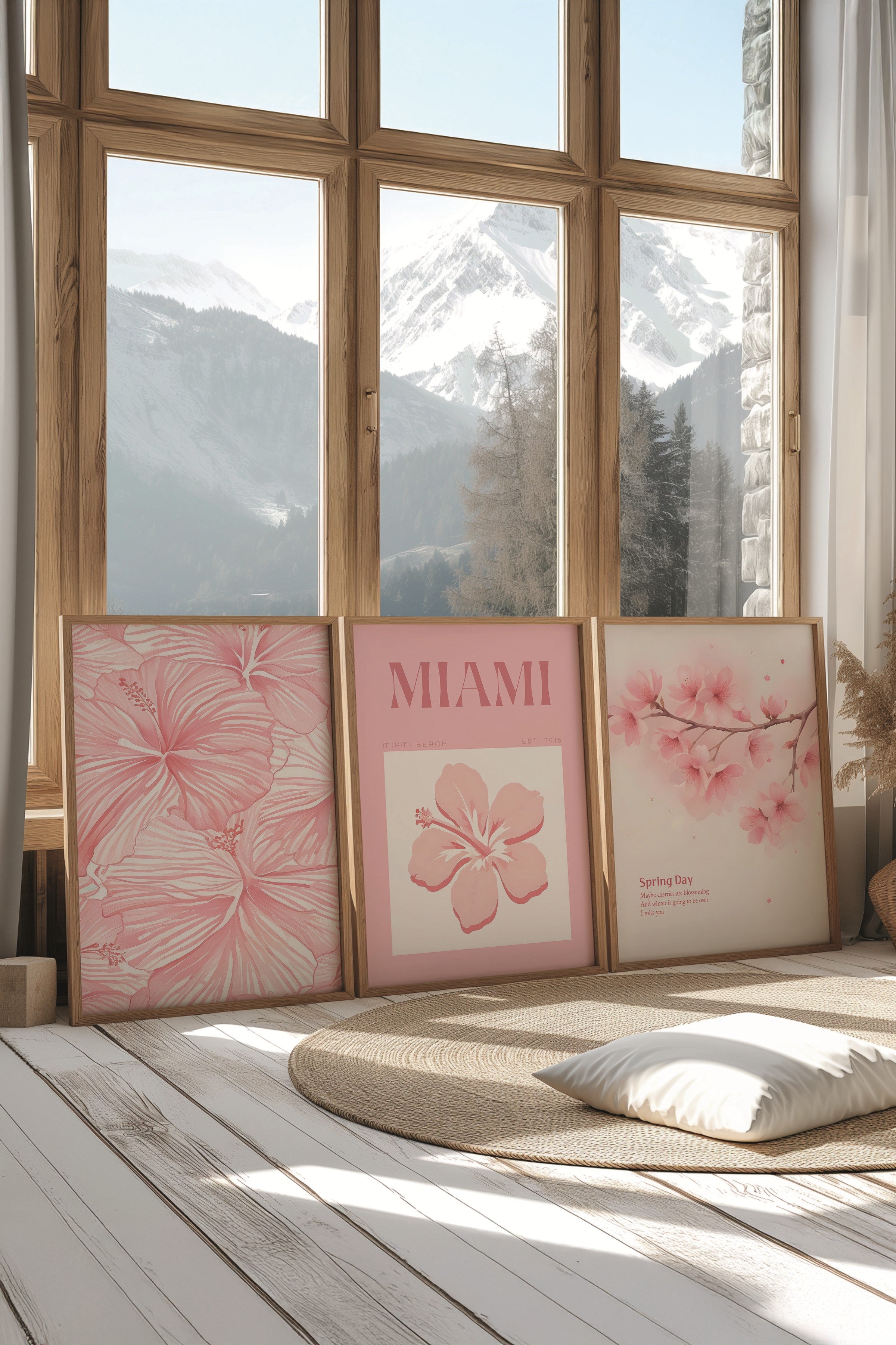 Ahşap Tablo Seti, 3 Adet Ahşap Çerçeveli Poster Miami Model No:300799, Pembe Duvar Dekoru