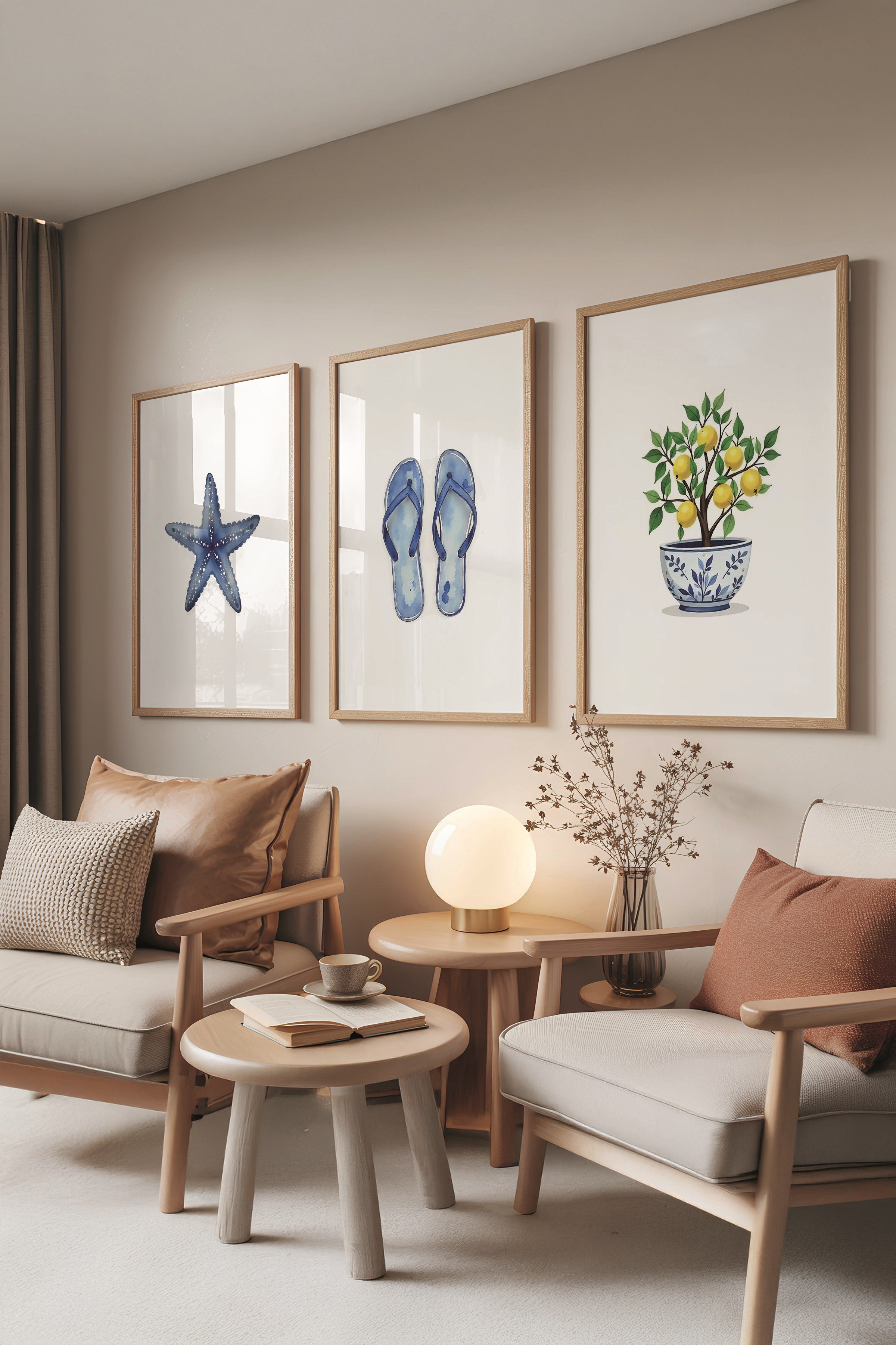 Ahşap Tablo Seti, 3 Adet Ahşap Çerçeveli Poster Mini summer Model No:300857, Mavi Duvar Dekoru