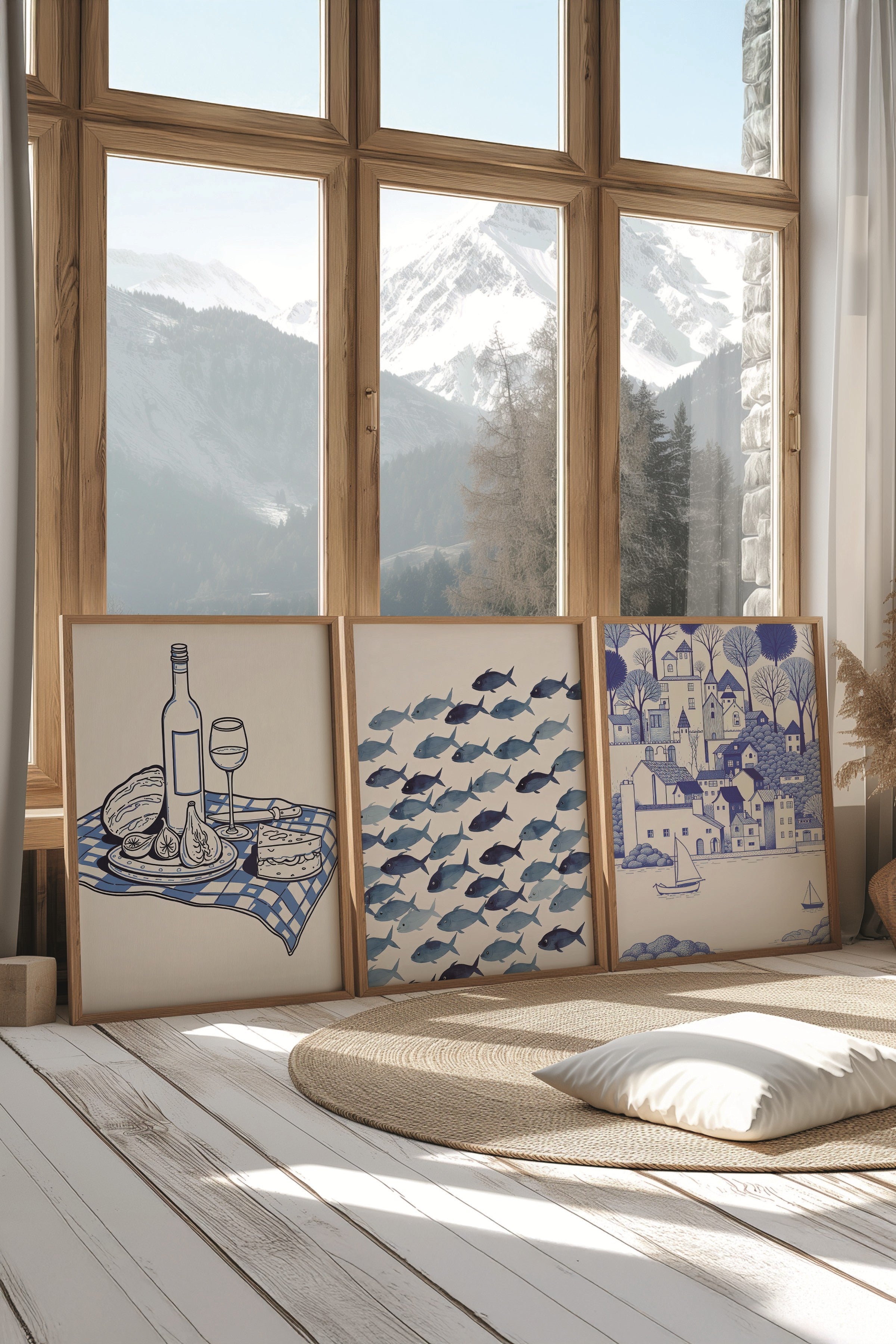 Ahşap Tablo Seti, 3 Adet Ahşap Çerçeveli Poster Minimal Blue Model No:300853, Mavi Duvar Dekoru