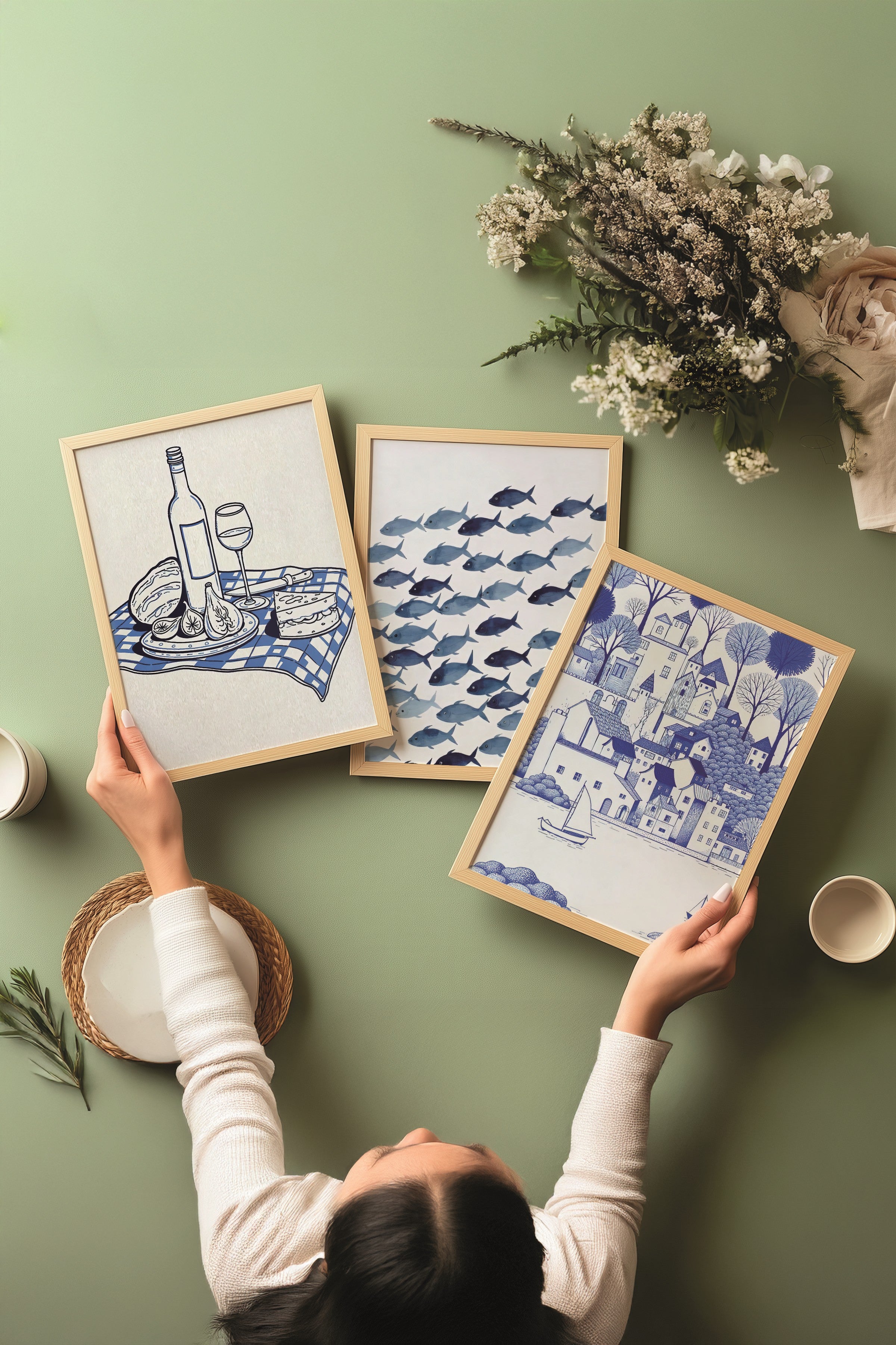 Ahşap Tablo Seti, 3 Adet Ahşap Çerçeveli Poster Minimal Blue Model No:300853, Mavi Duvar Dekoru