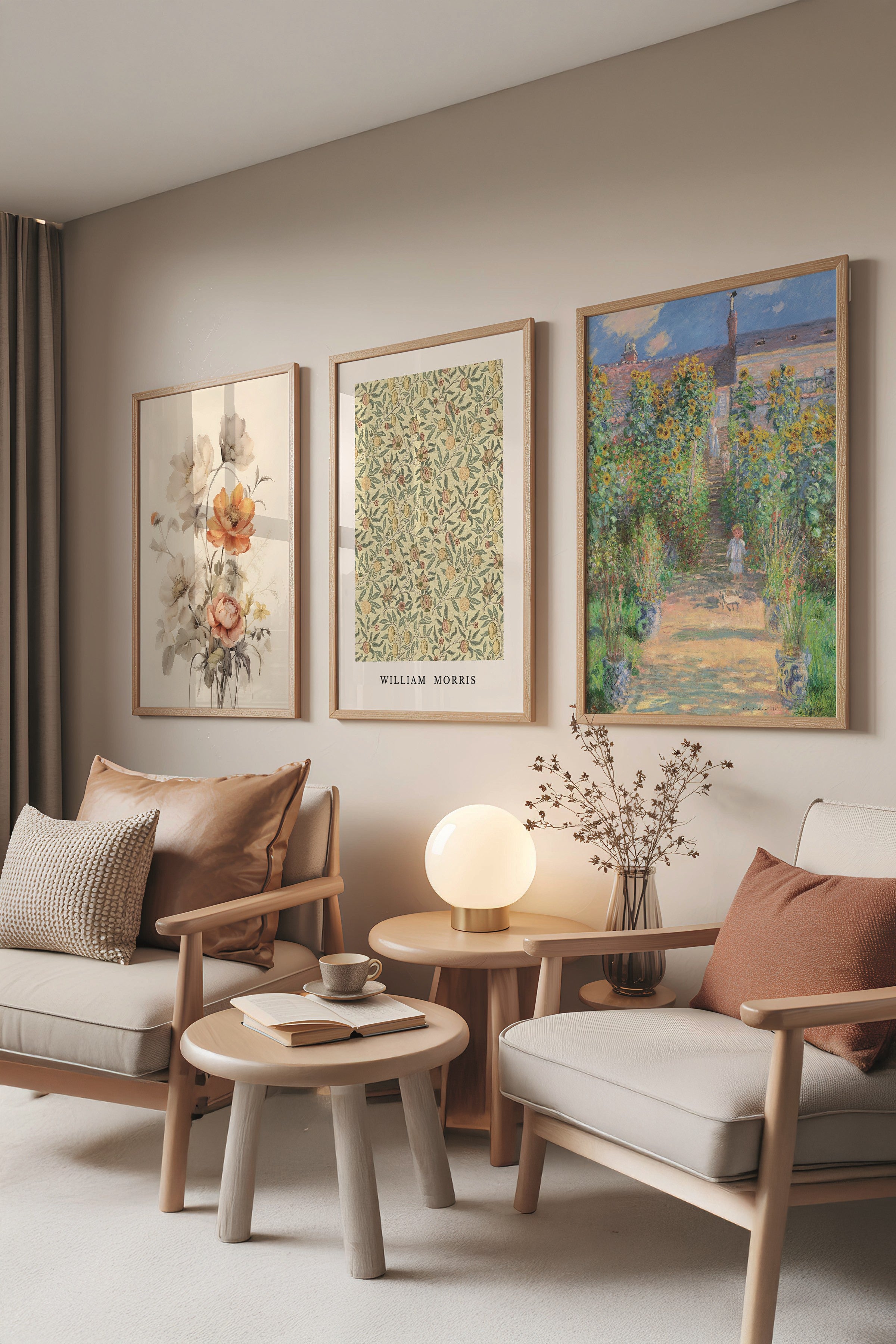 Ahşap Tablo Seti, 3 Adet Ahşap Çerçeveli Poster Monet-Morris Model No:300886, Renkli Duvar Dekoru