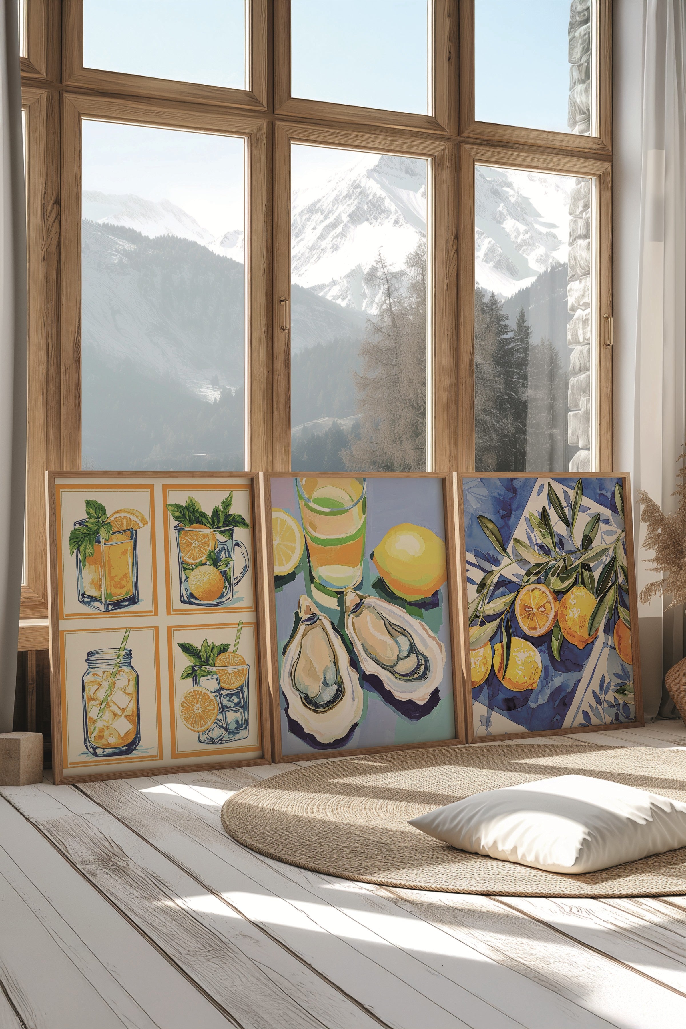 Ahşap Tablo Seti, 3 Adet Ahşap Çerçeveli Poster Mussel & Lemon Model No:300845, Sarı Duvar Dekor