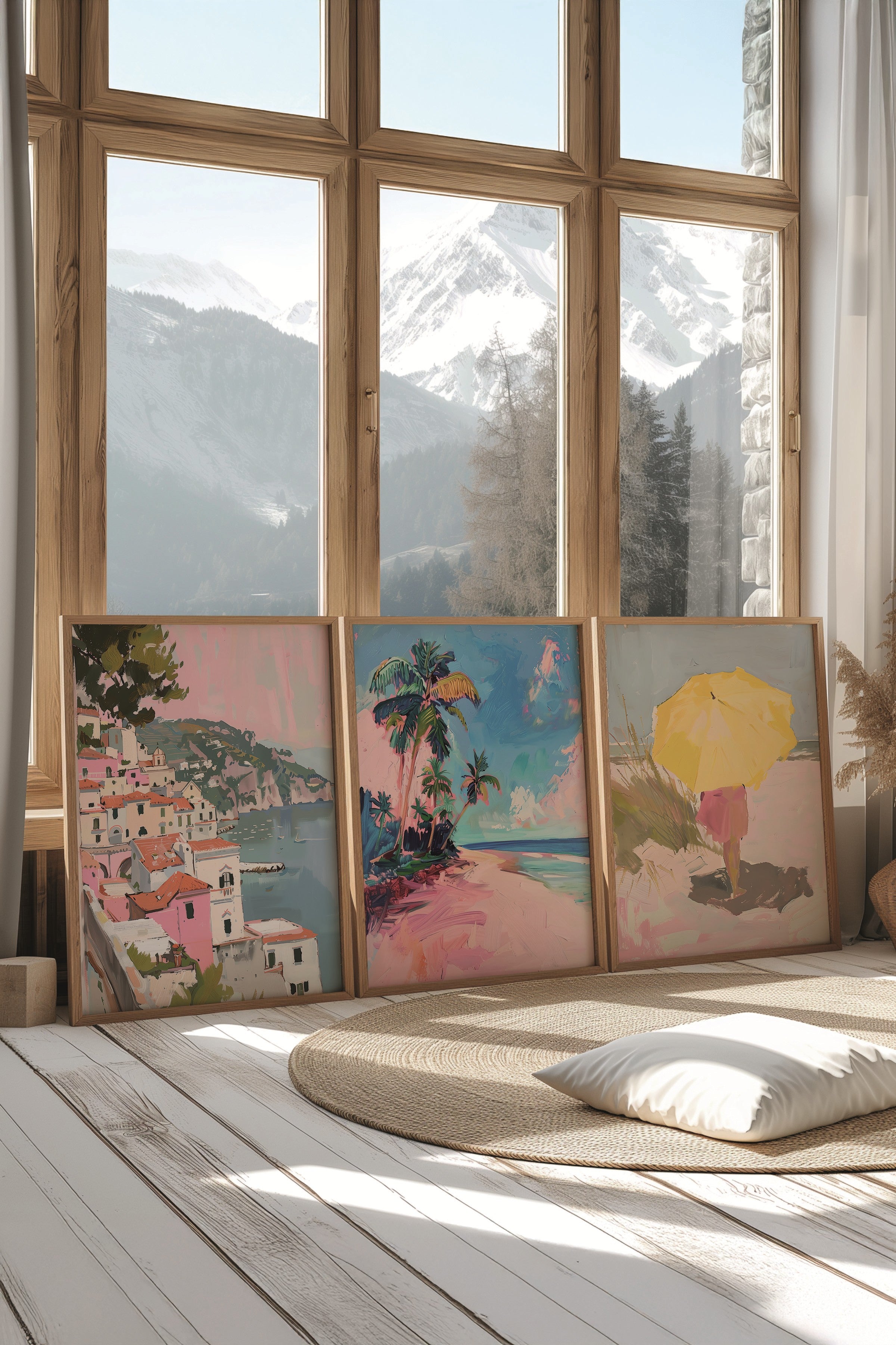 Ahşap Tablo Seti, 3 Adet Ahşap Çerçeveli Poster Pembe Sahil Model No:300899, Renkli Duvar Dekoru