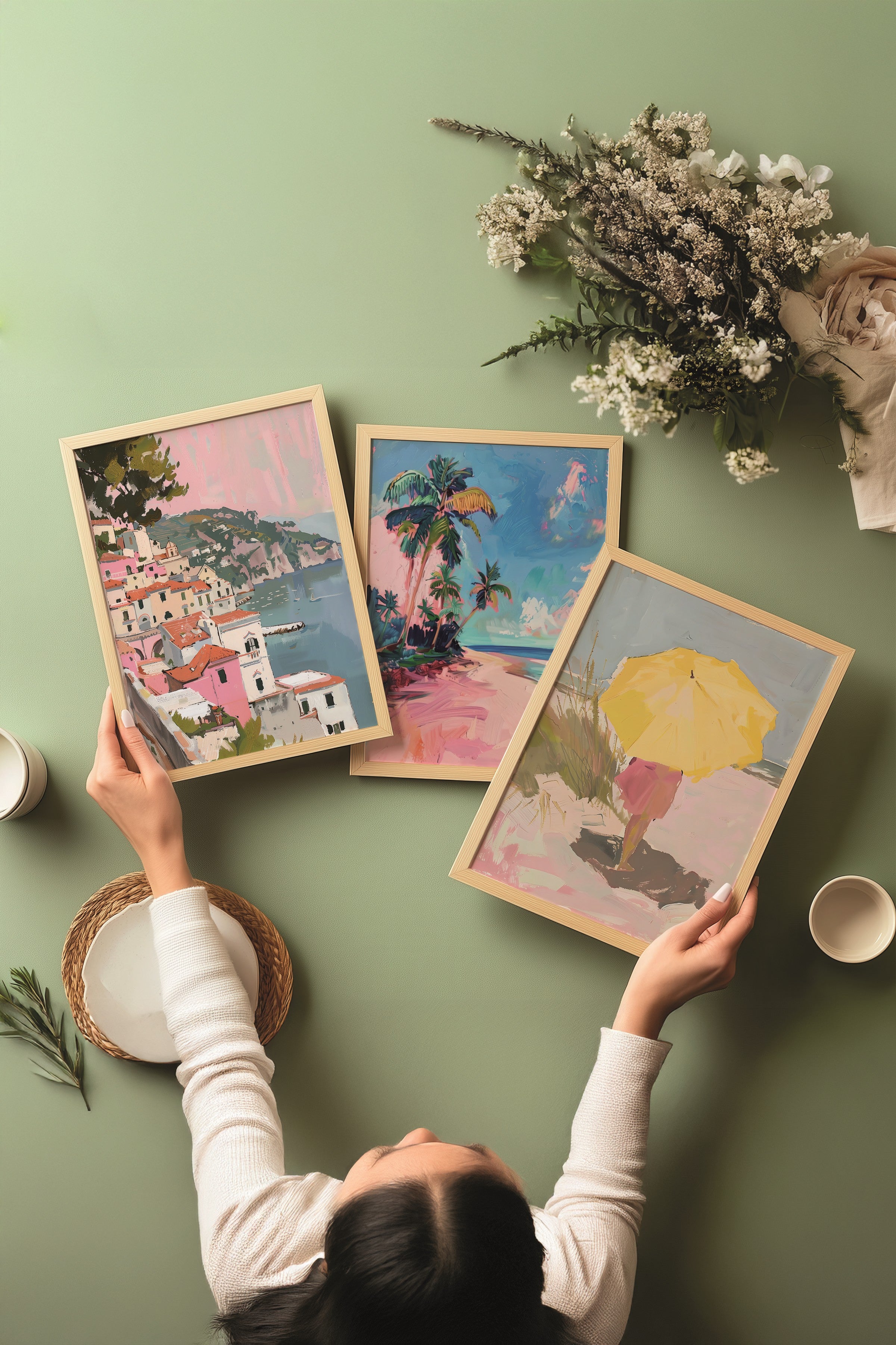 Ahşap Tablo Seti, 3 Adet Ahşap Çerçeveli Poster Pembe Sahil Model No:300899, Renkli Duvar Dekoru