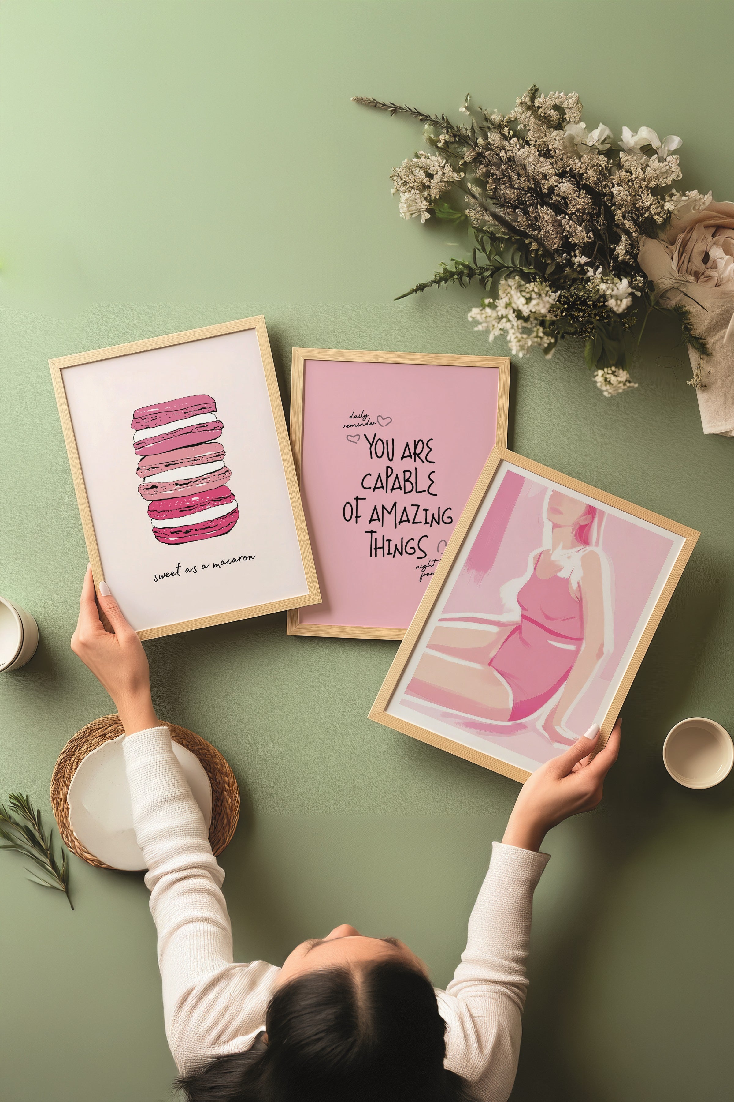 Ahşap Tablo Seti, 3 Adet Ahşap Çerçeveli Poster Pink Motivation Model No:300811, Pembe Duvar Dekoru