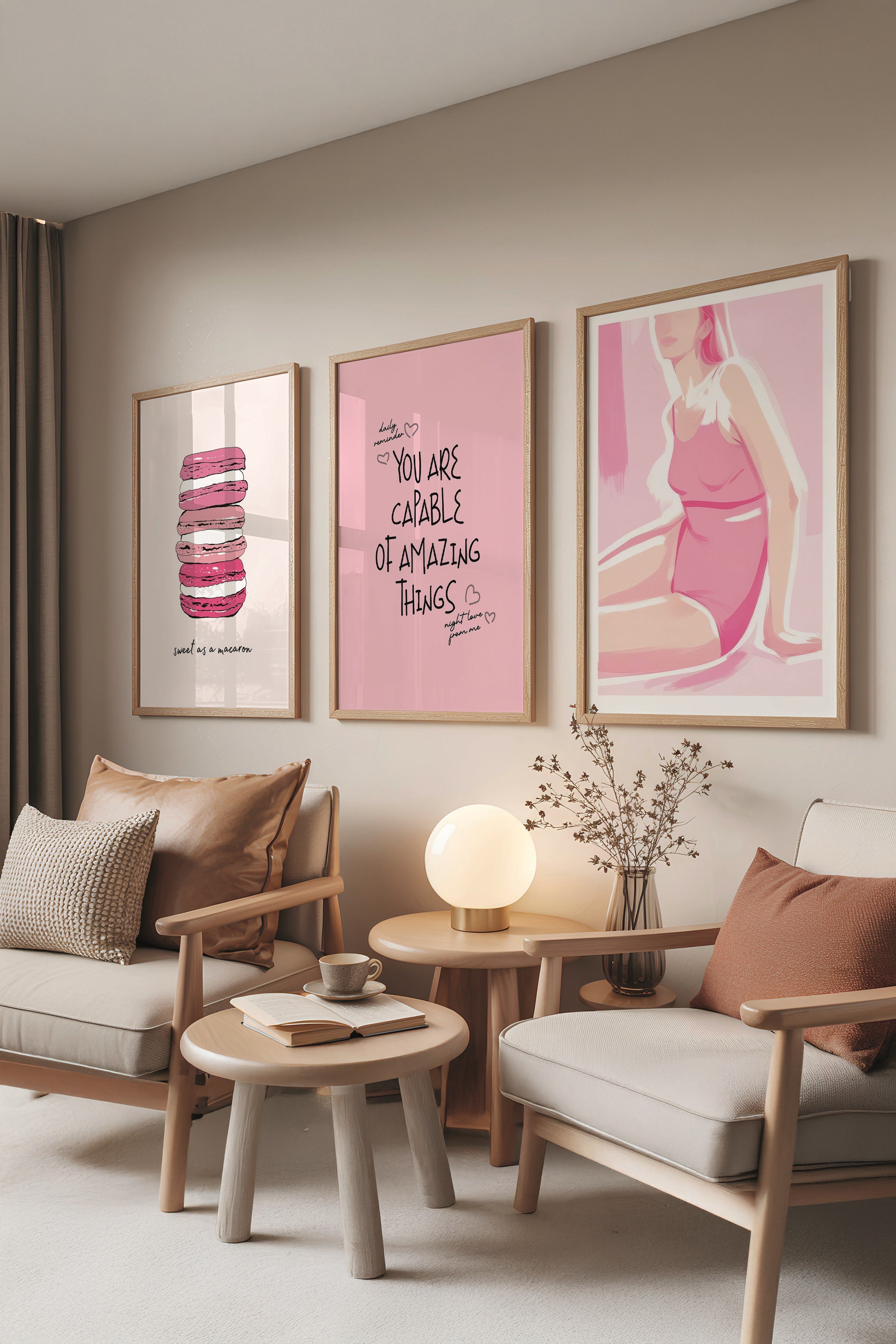 Ahşap Tablo Seti, 3 Adet Ahşap Çerçeveli Poster Pink Motivation Model No:300811, Pembe Duvar Dekoru