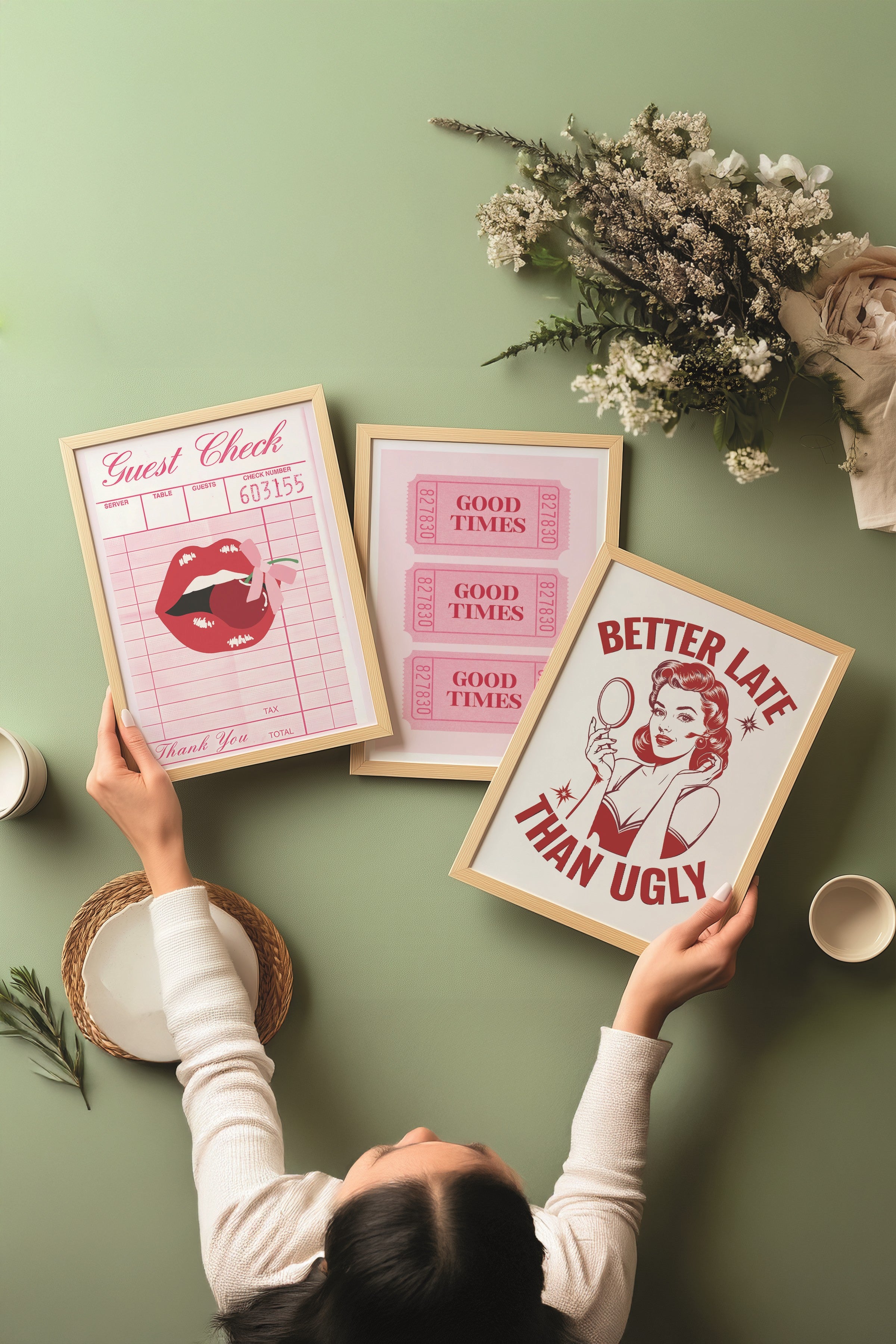 Ahşap Tablo Seti, 3 Adet Ahşap Çerçeveli Poster Preppy Model No:300821, Duvar Dekoru