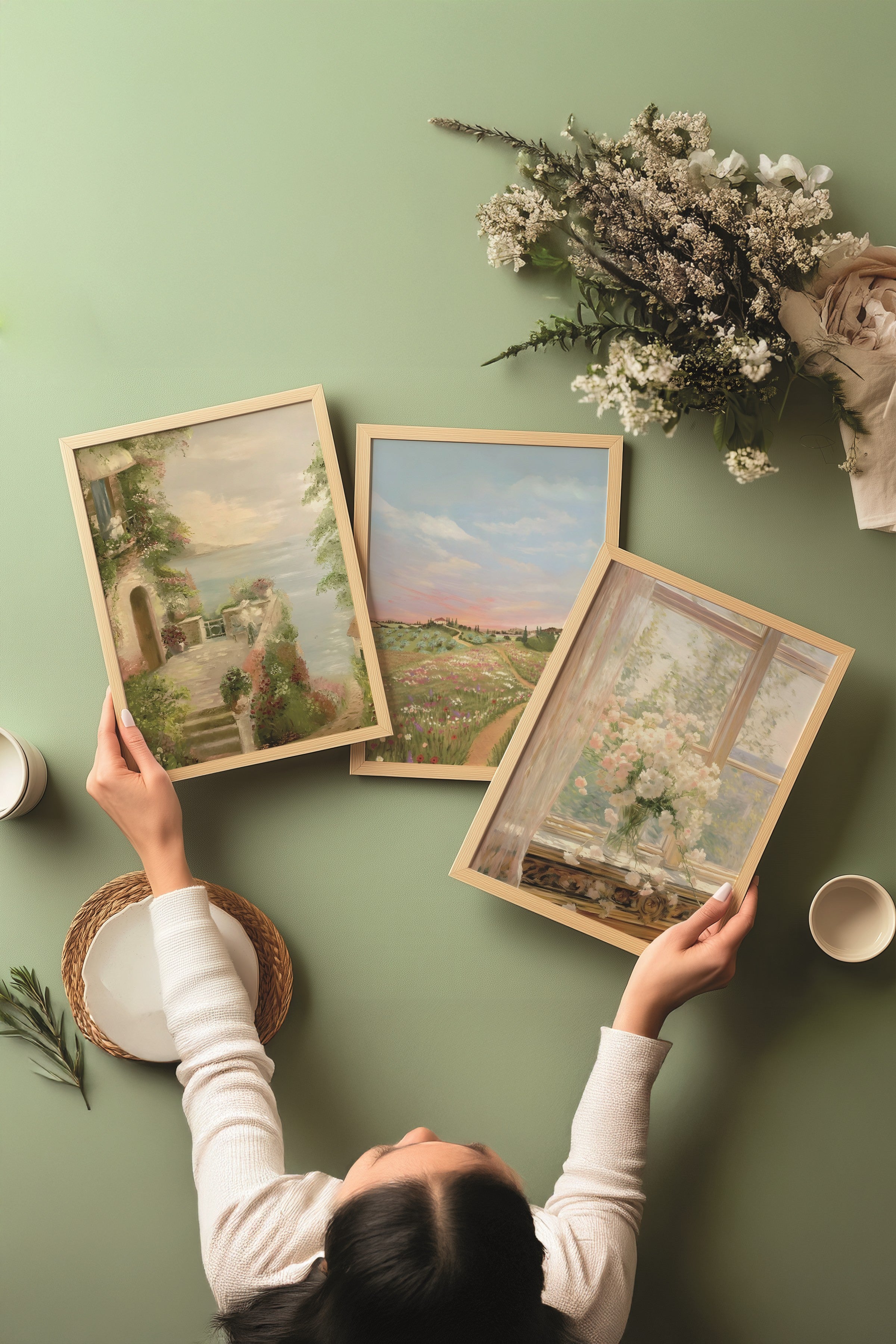 Ahşap Tablo Seti, 3 Adet Ahşap Çerçeveli Poster roses blanches Model No:300878, Yeşil Duvar Dekoru