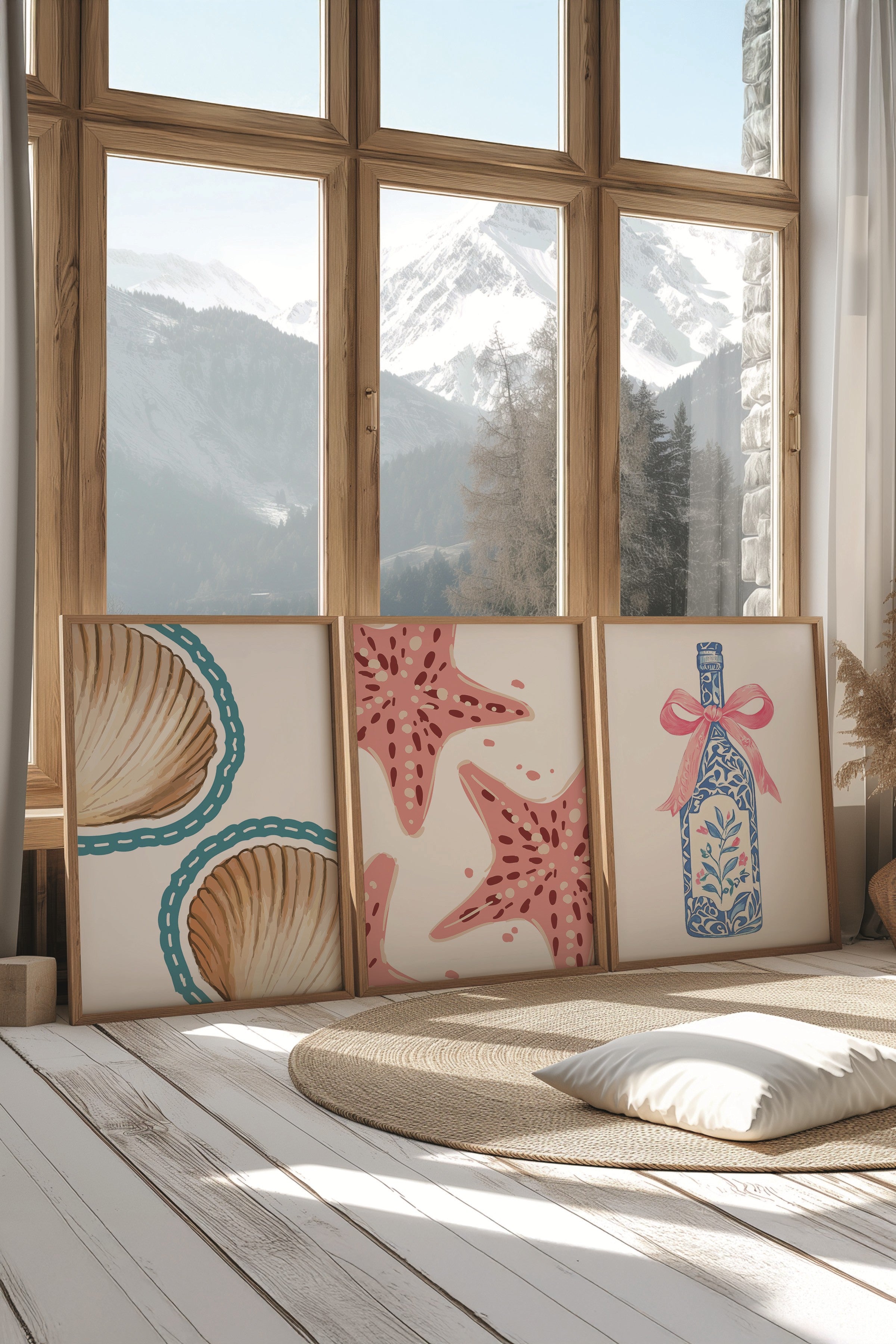 Ahşap Tablo Seti, 3 Adet Ahşap Çerçeveli Poster Sea Bottle Model No:300849, Mavi Duvar Dekor